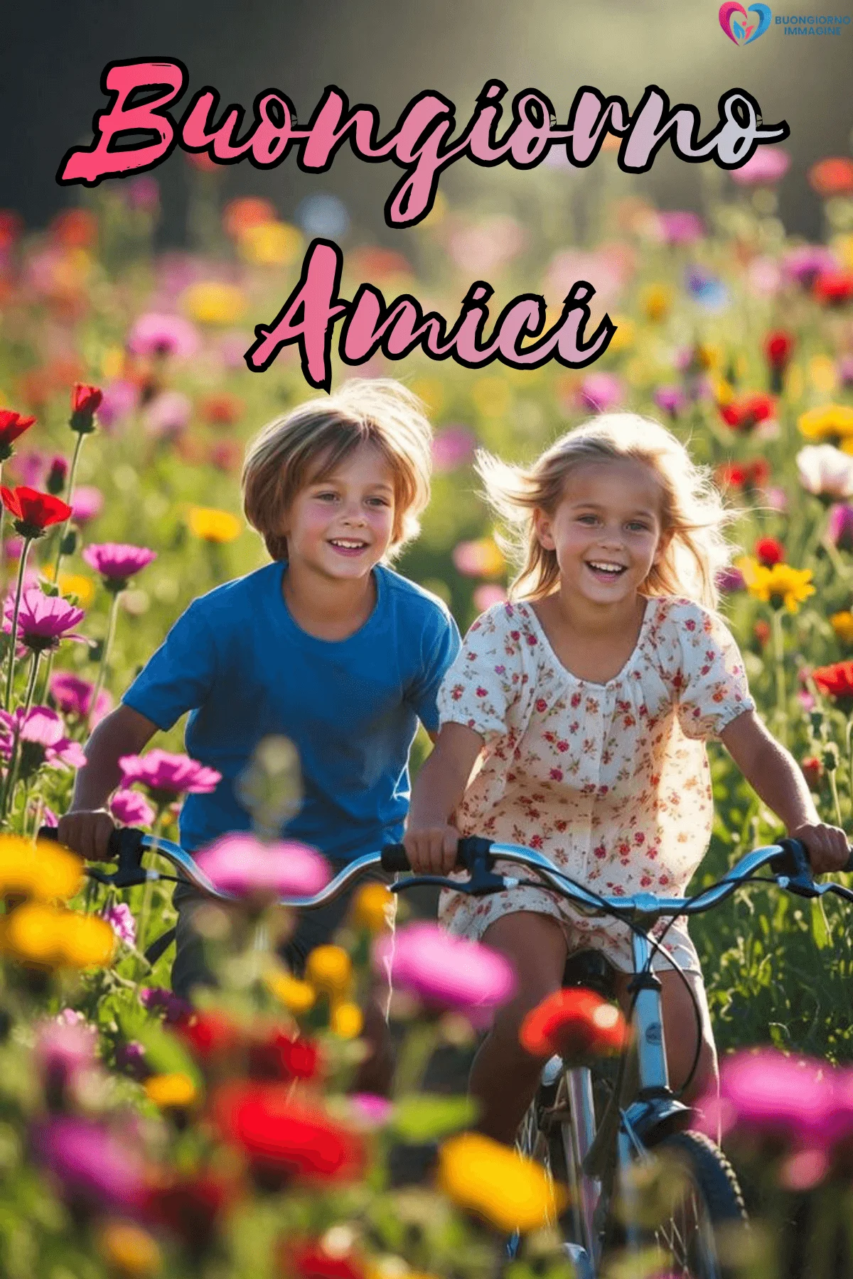 Bambini in bicicletta tra fiori colorati, buongiorno amici immagini gratis per WhatsApp
