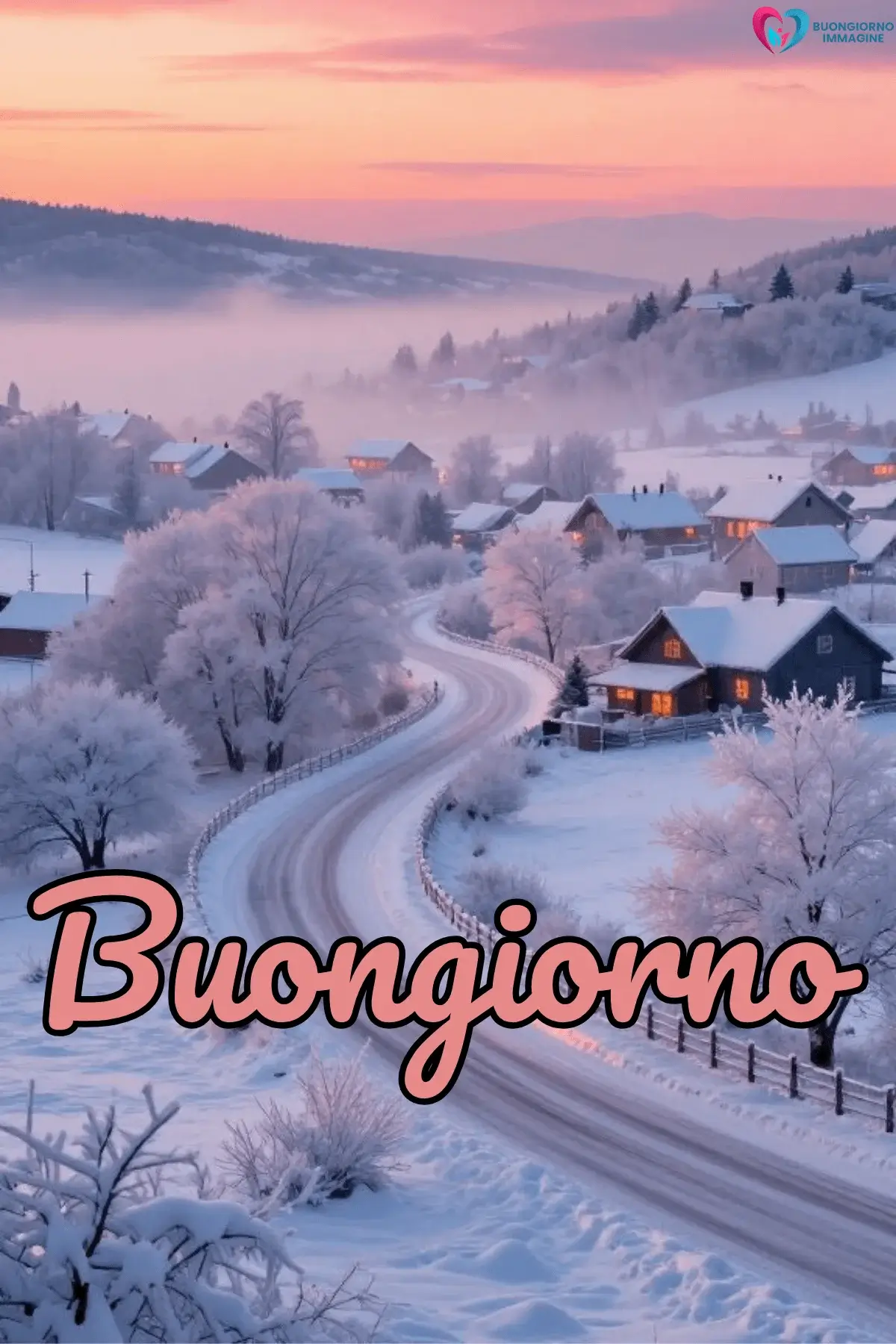Villaggio innevato all'alba con strada curva e case illuminate, buongiorno invernale immagini gratis per WhatsApp