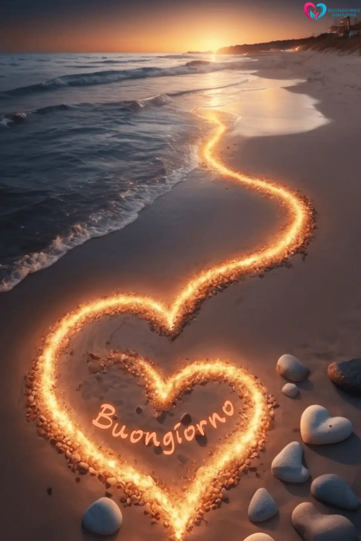 Cuori luminosi disegnati sulla sabbia al tramonto con scritta Buongiorno, buongiorno cuore immagini gratis per WhatsApp