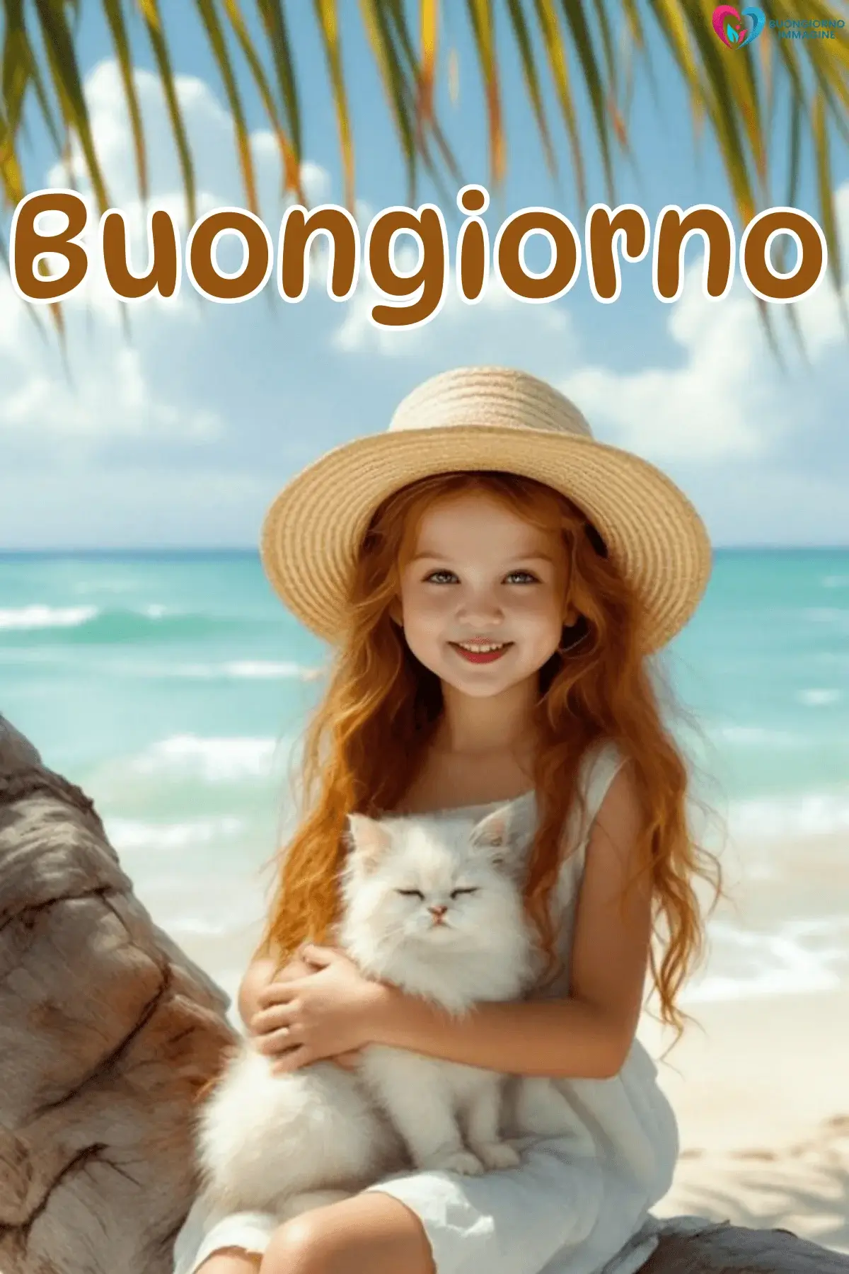 Bambina con cappello di paglia e gatto bianco in spiaggia, buongiorno bambini, immagini gratis per WhatsApp
