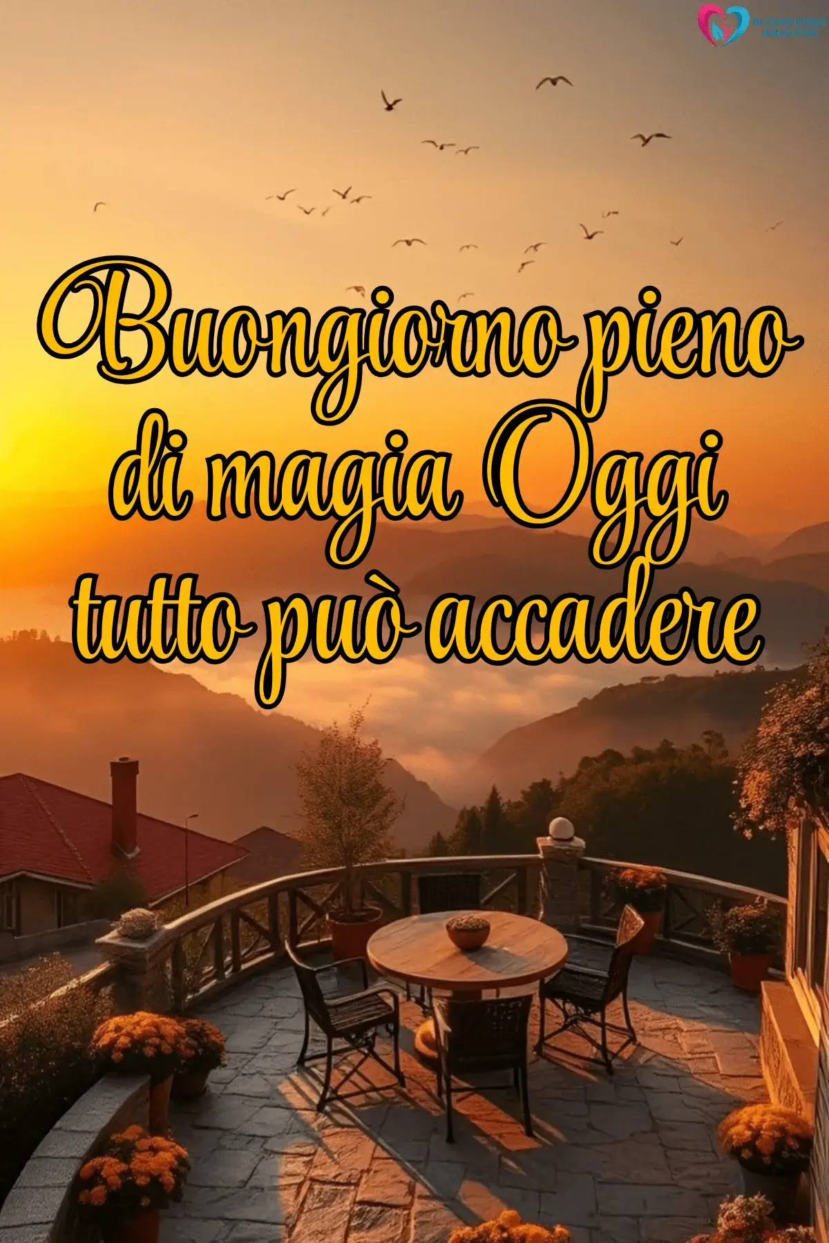 Terrazza al tramonto con vista sulle montagne, buongiorno frasi positive, immagini gratis per WhatsApp