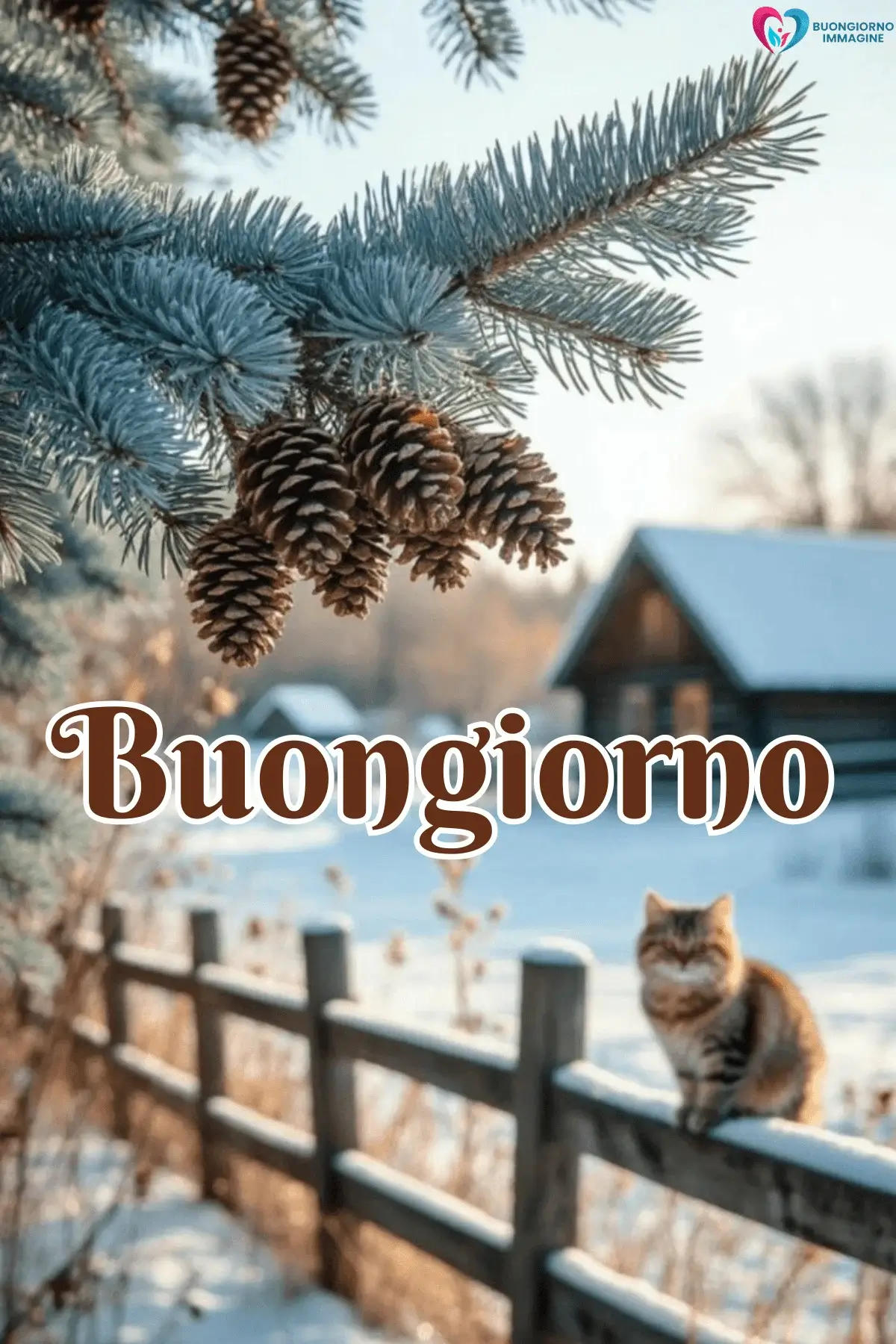 Rami di pino con pigne nevose e gatto su staccionata invernale, buongiorno invernale immagini gratis per WhatsApp