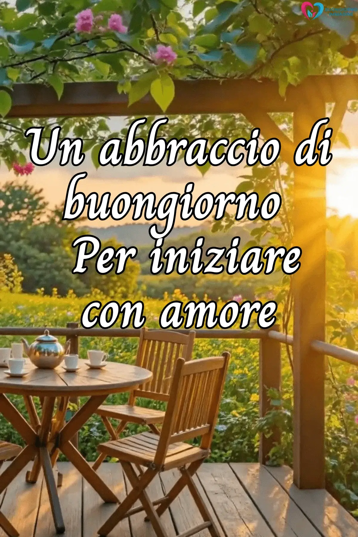Terrazza soleggiata con tavolo da tè e fiori, buongiorno frasi positive, immagini gratis per WhatsApp