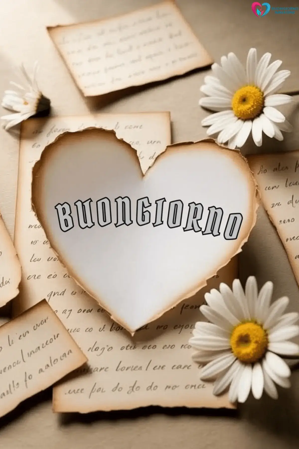 Cuore ritagliato su lettere antiche con margherite e scritta Buongiorno, buongiorno cuore immagini gratis per WhatsApp