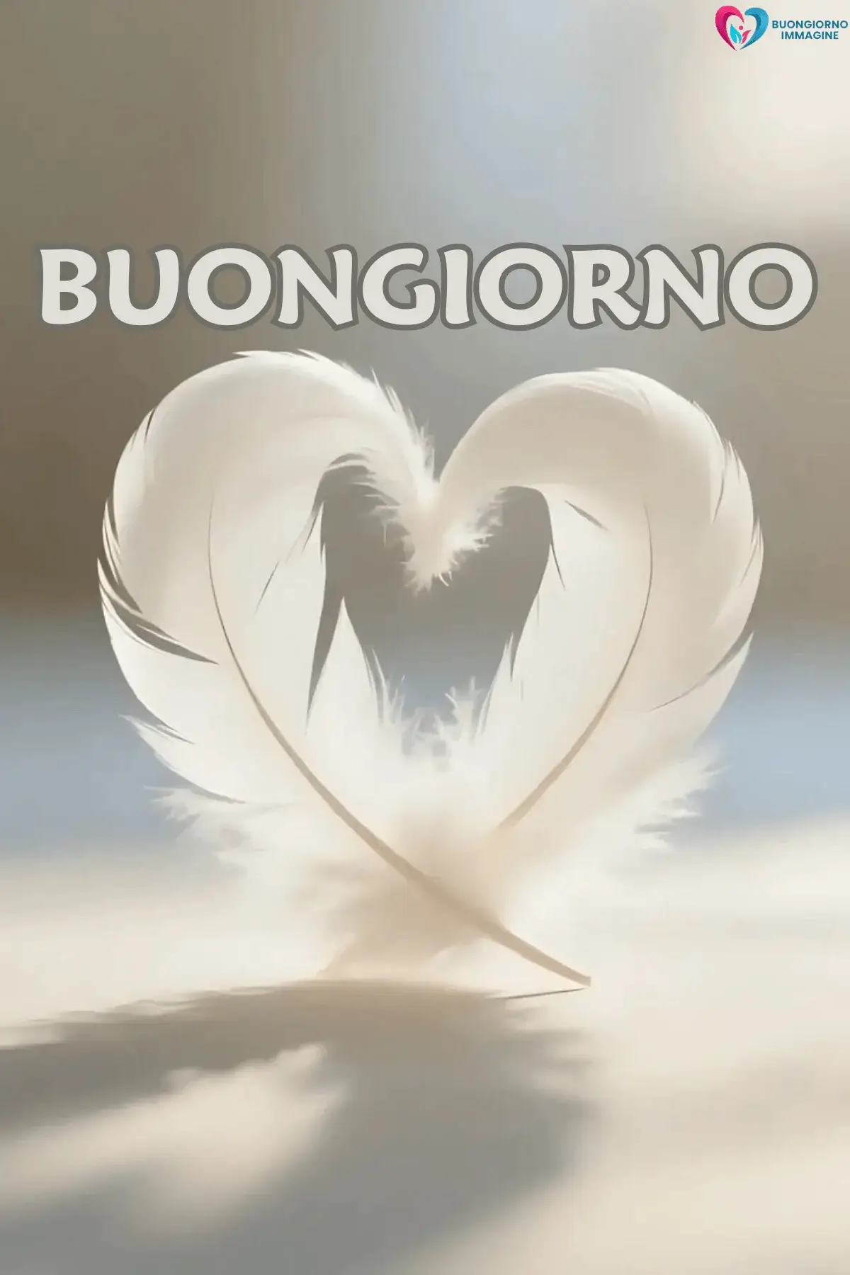 Due piume bianche formano un cuore, buongiorno cuore su sfondo luminoso, immagini gratis per WhatsApp