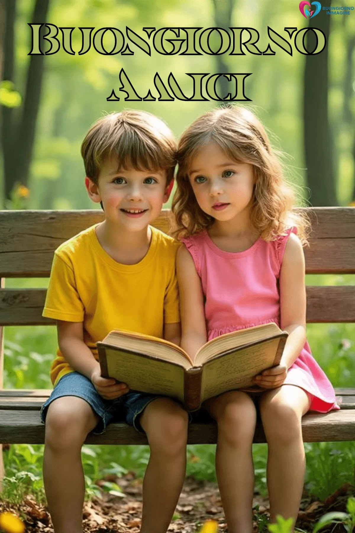Due bambini leggono un libro su una panchina nel parco, buongiorno amici immagini gratis per WhatsApp