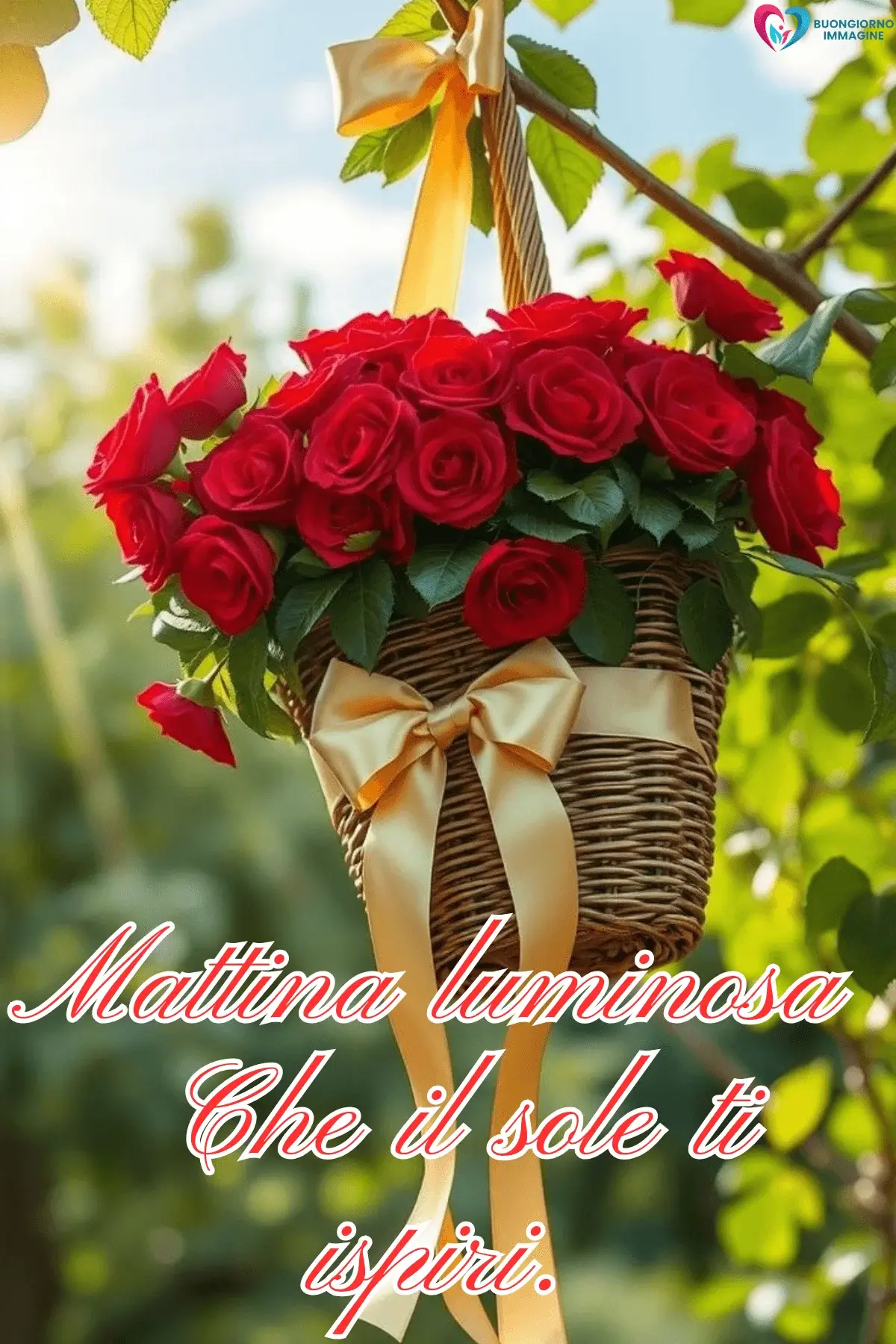 Cesto di rose rosse appeso a un albero con fiocco dorato, frasi del buongiorno, immagini gratis per WhatsApp