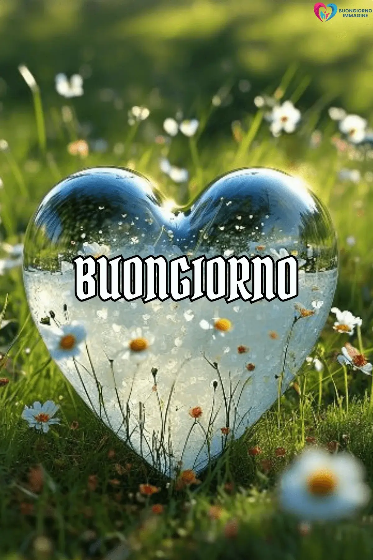 Cuore di vetro trasparente con margherite in un prato verde, buongiorno cuore immagini gratis per WhatsApp