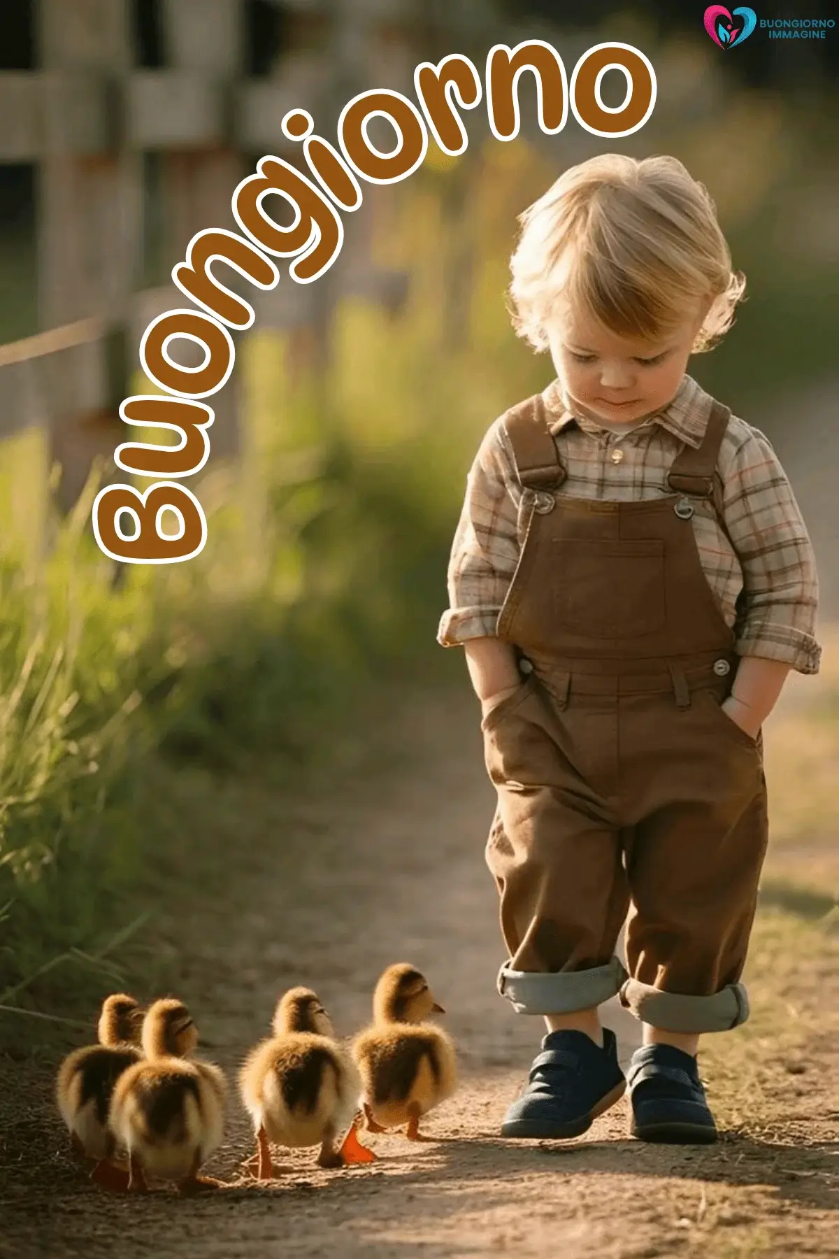 Bambino biondo in salopette con anatroccoli sul sentiero, buongiorno bambini, immagini gratis per WhatsApp