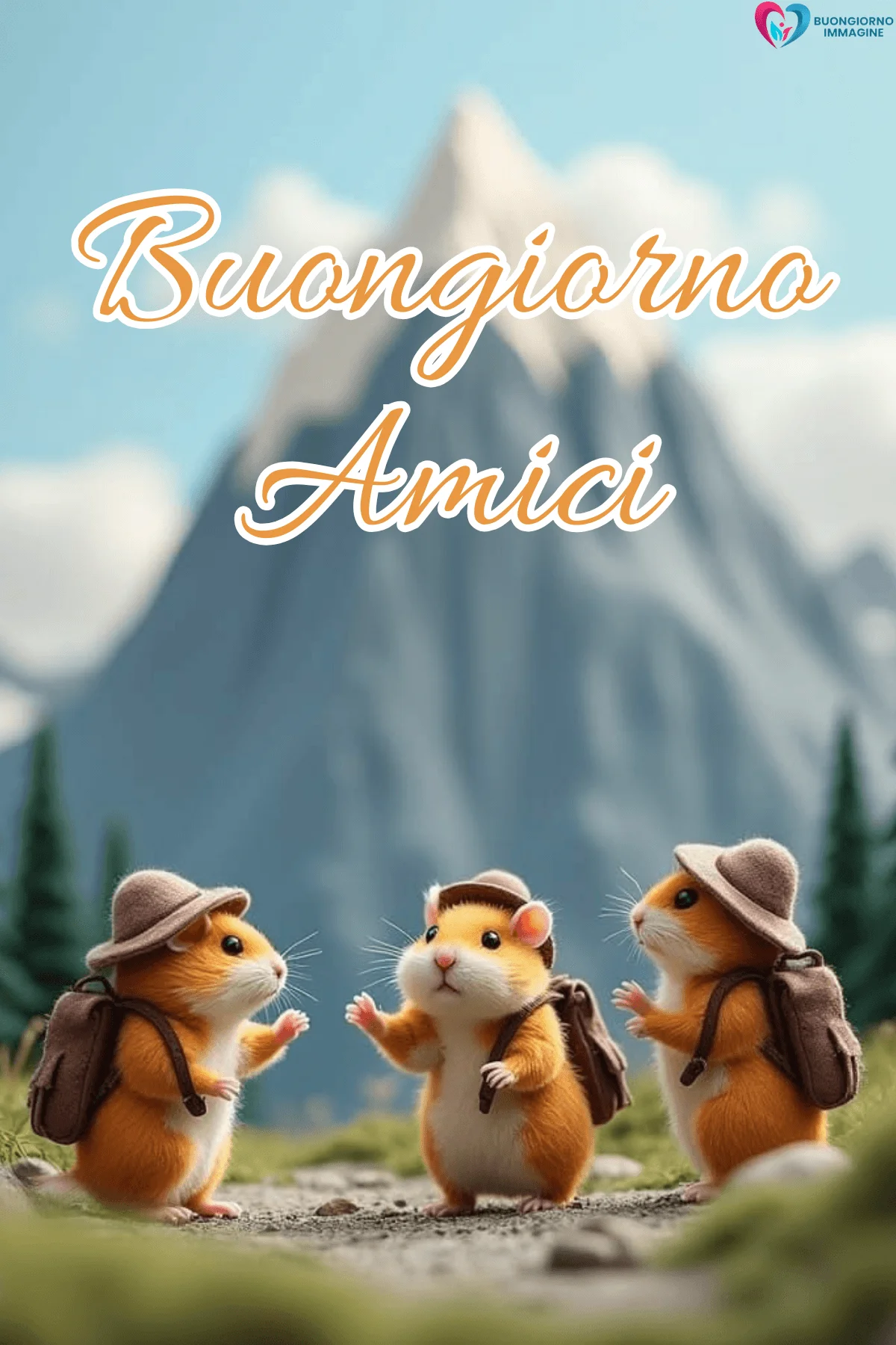 Tre criceti con cappello e zaino in montagna, buongiorno amici immagini gratis per WhatsApp