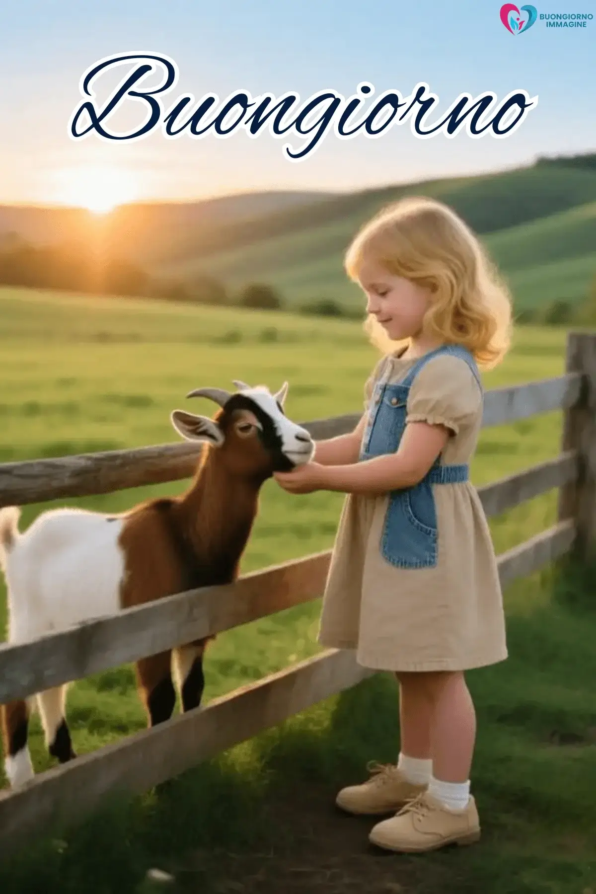 Bambina bionda nutre una capretta al recinto, alba in campagna – buongiorno bambini immagini gratis per WhatsApp