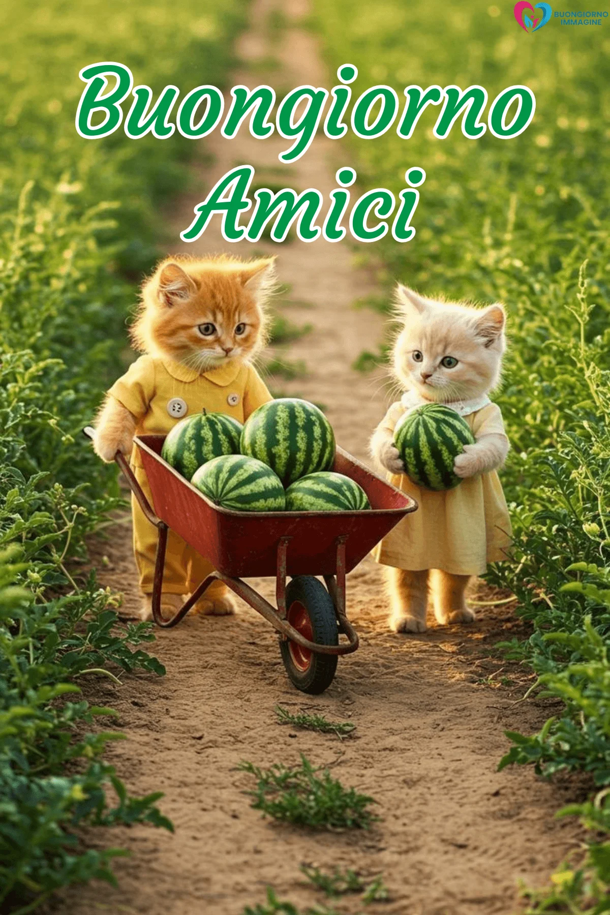 Due gattini vestiti raccolgono angurie in un campo, buongiorno amici immagini gratis per WhatsApp