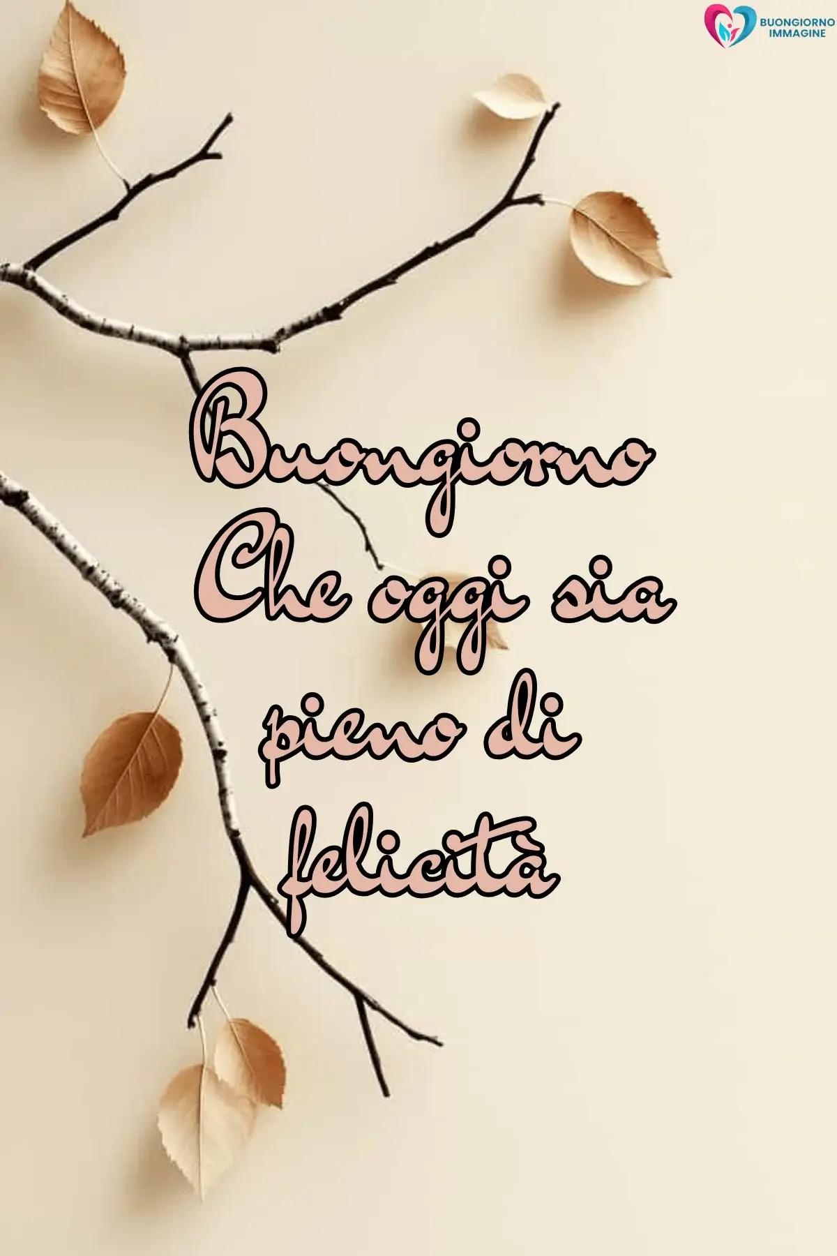 Rami autunnali con foglie secche e frase buongiorno felicità, immagini gratis per WhatsApp