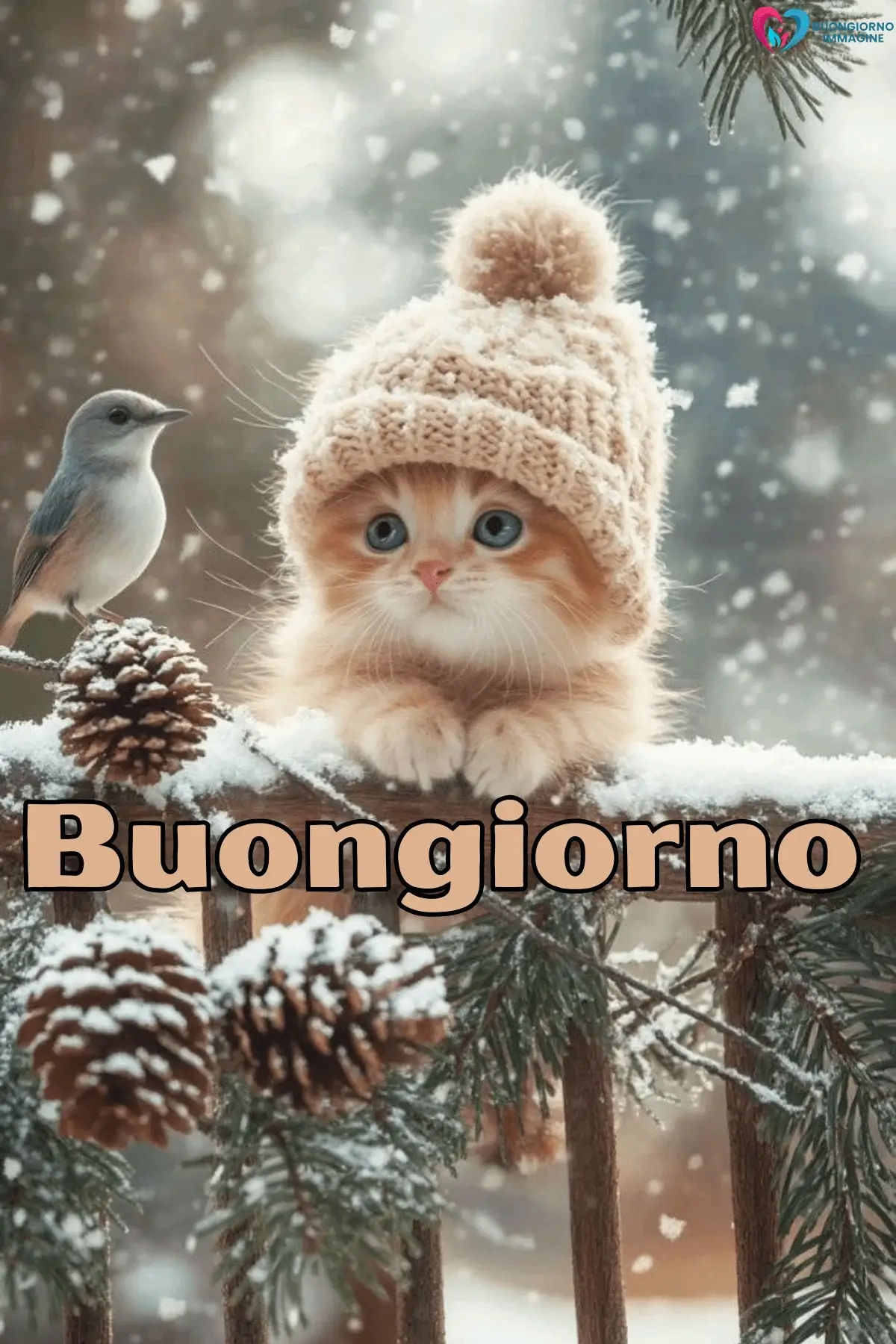 Gattino arancione con cappello lana nella neve con uccellino, buongiorno invernale immagini gratis per WhatsApp