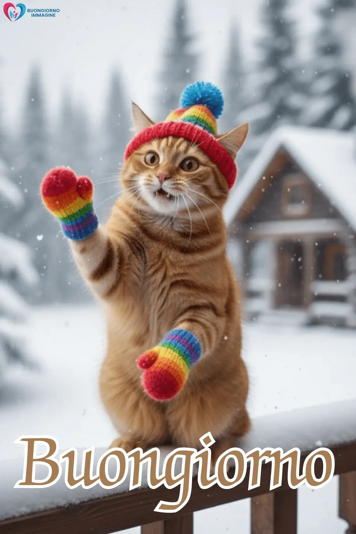 Gatto arancione con guanti e cappello arcobaleno sulla neve – buongiorno invernale immagini gratis per WhatsApp