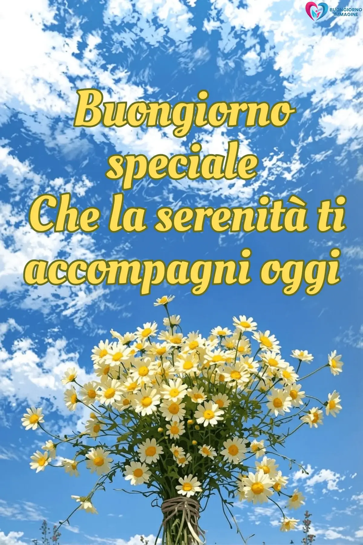 Bouquet di margherite su cielo azzurro, buongiorno frasi positive, immagini gratis per WhatsApp