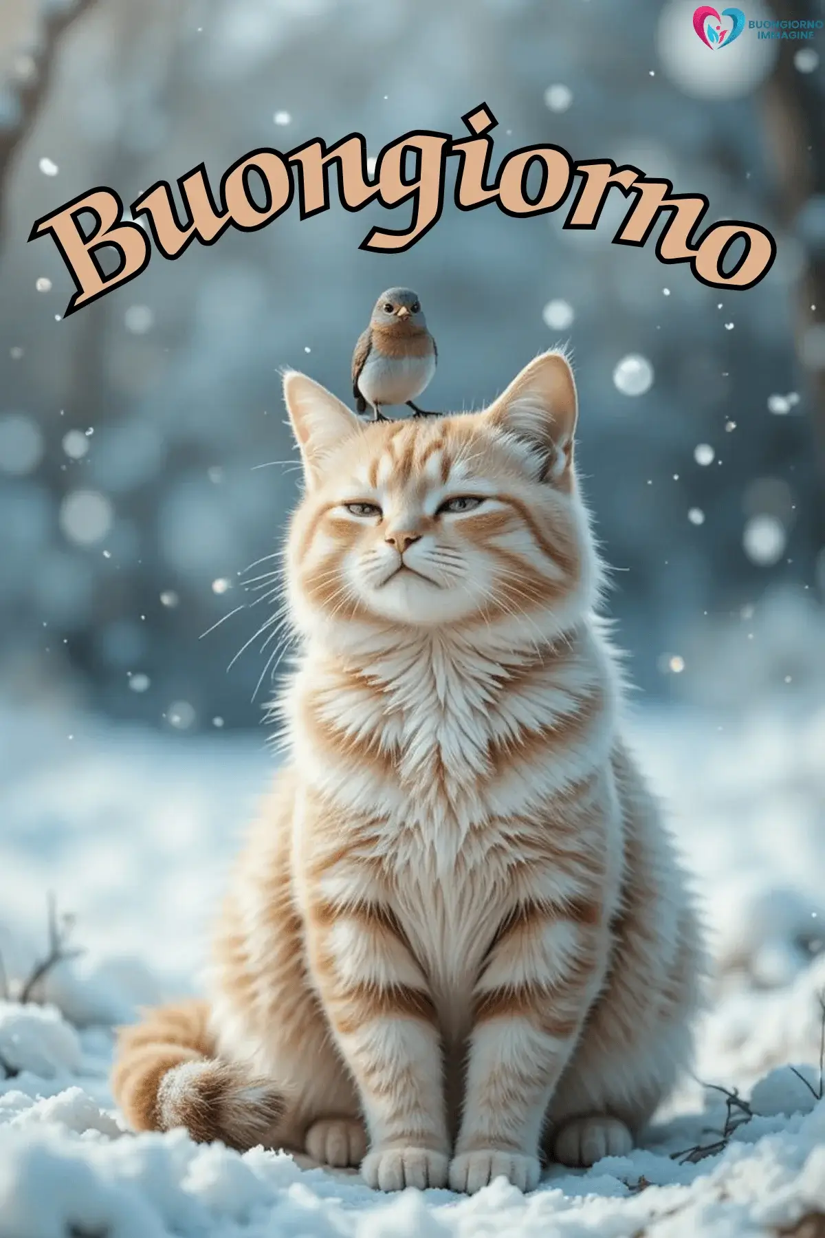Gatto arancione nella neve con uccellino sulla testa, buongiorno invernale immagini gratis per WhatsApp