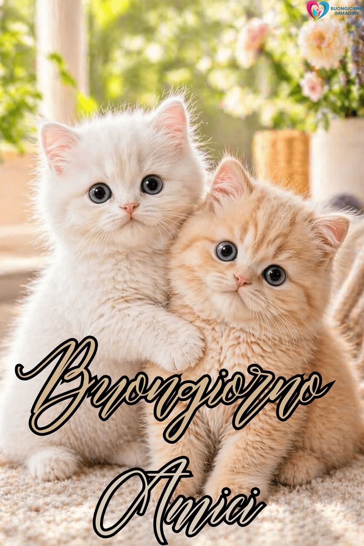 Due gattini bianchi e arancioni abbracciati, buongiorno amici immagini gratis per WhatsApp