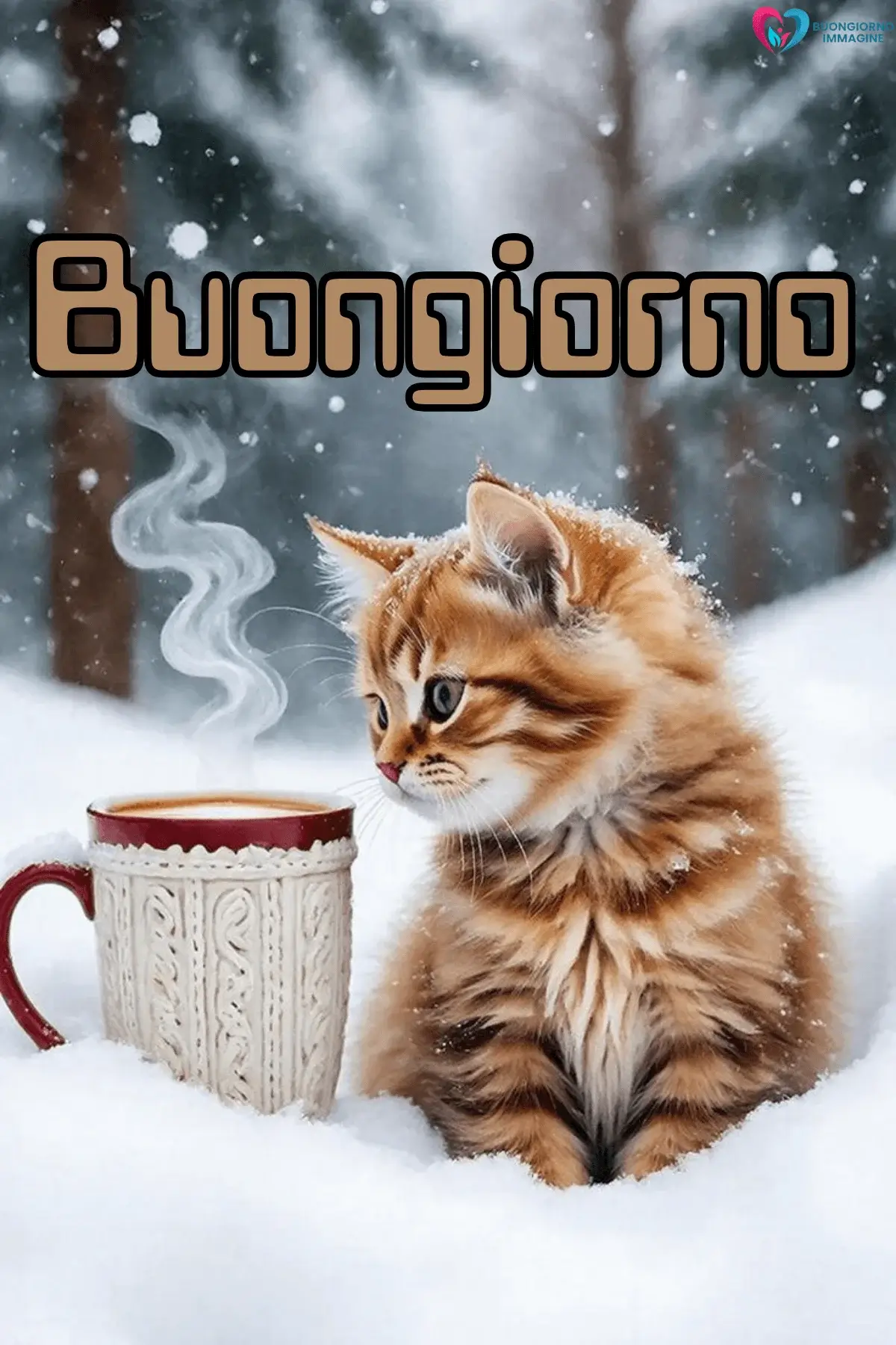 Gattino arancione nella neve con tazza fumante di caffè, buongiorno invernale immagini gratis per WhatsApp
