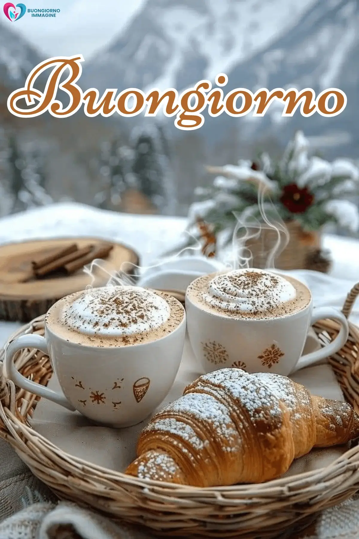 Due cappuccini fumanti con croissant su vassoio invernale, buongiorno invernale immagini gratis per WhatsApp
