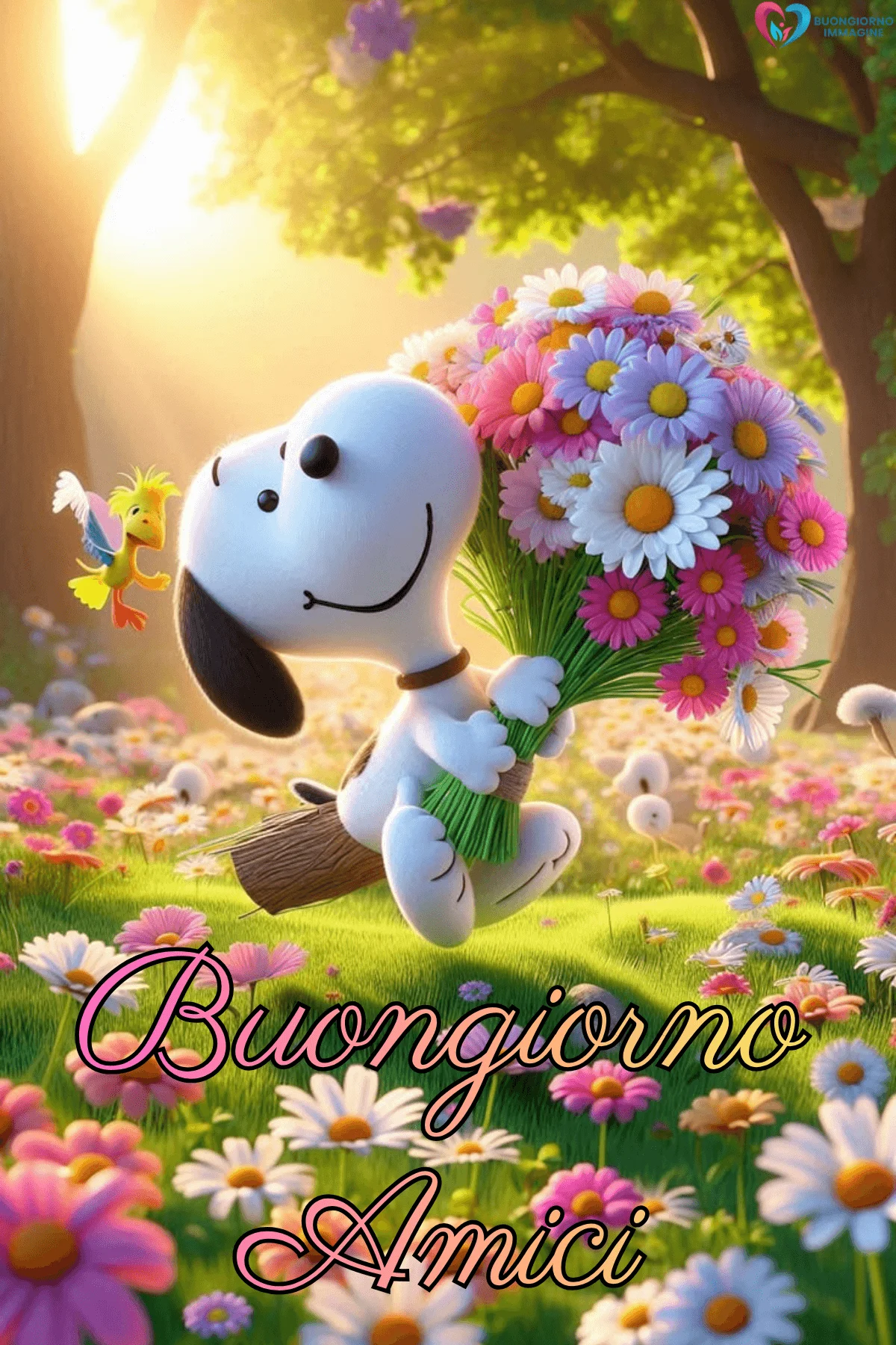 Snoopy con mazzo di fiori colorati in un prato fiorito, buongiorno amici immagini gratis per WhatsApp
