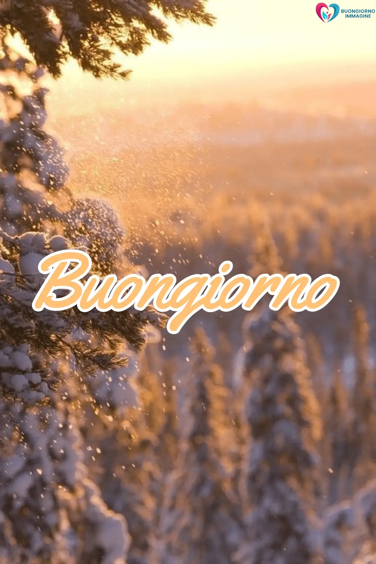 Paesaggio invernale innevato con luce dorata dell'alba, buongiorno invernale immagini gratis per WhatsApp