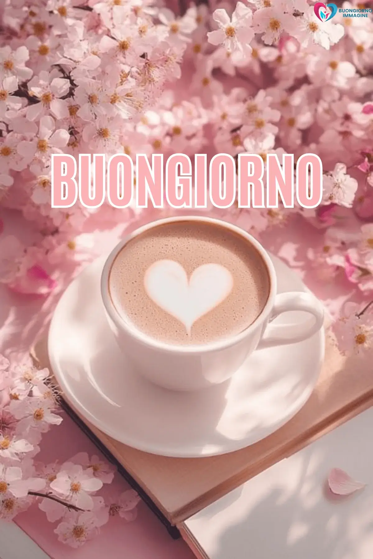 Tazza di cappuccino con cuore di latte su libro, fiori rosa primaverili, buongiorno cuore immagini gratis per WhatsApp