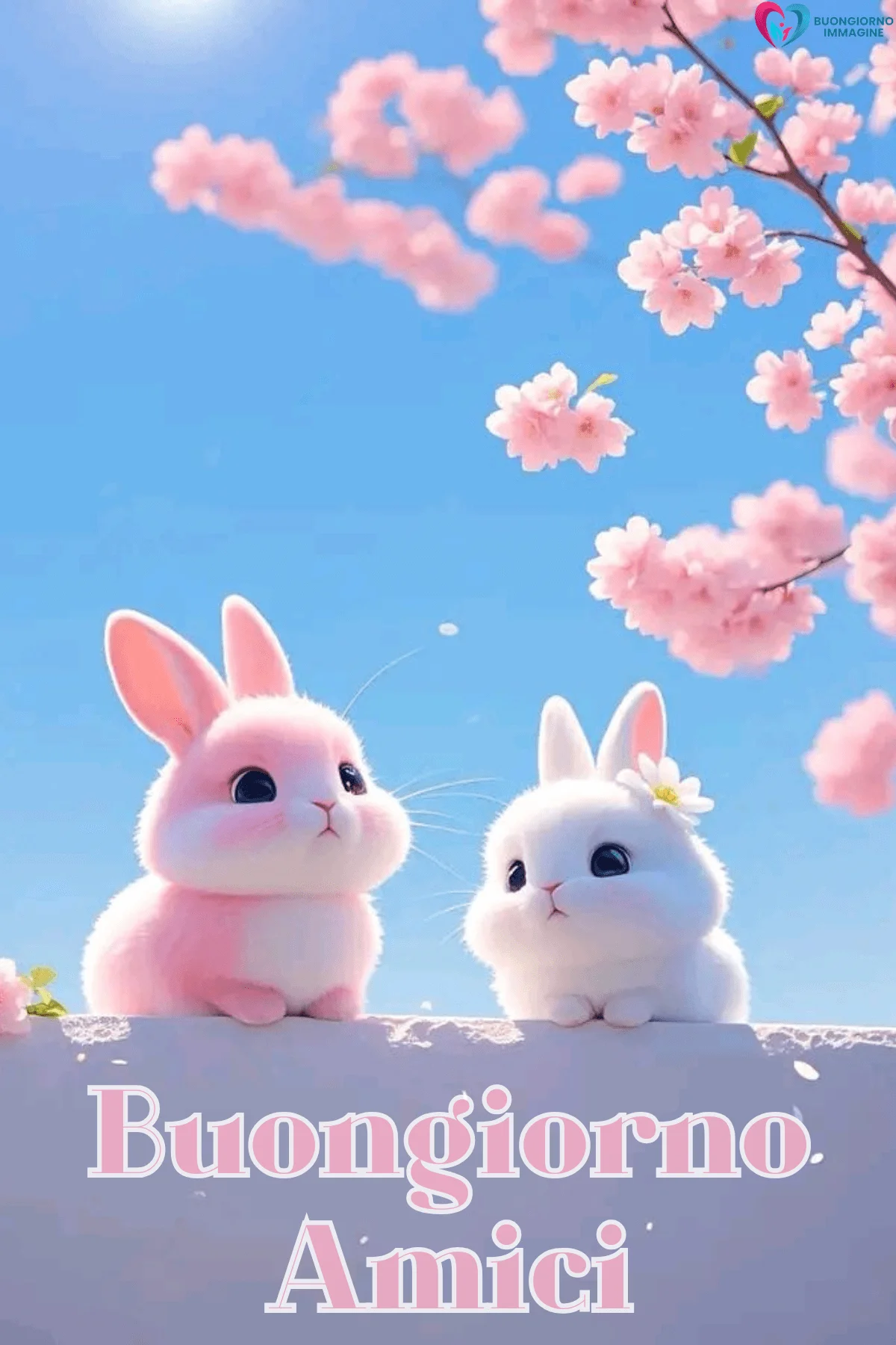 Due coniglietti rosa e bianco tra fiori di ciliegio, buongiorno amici immagini gratis per WhatsApp