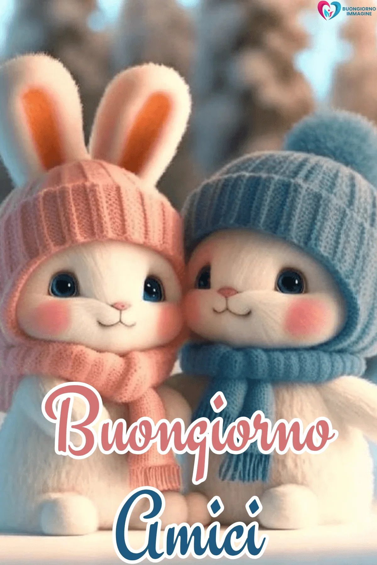 Due coniglietti bianchi con cappello e sciarpa invernale, buongiorno amici immagini gratis per WhatsApp