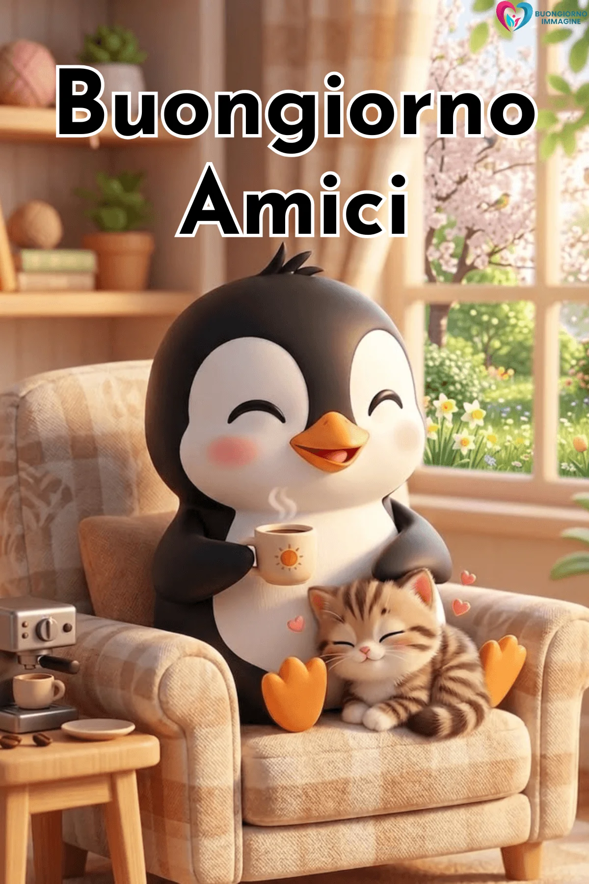 Pinguino carino con caffè e gattino su poltrona, buongiorno amici immagini gratis per WhatsApp