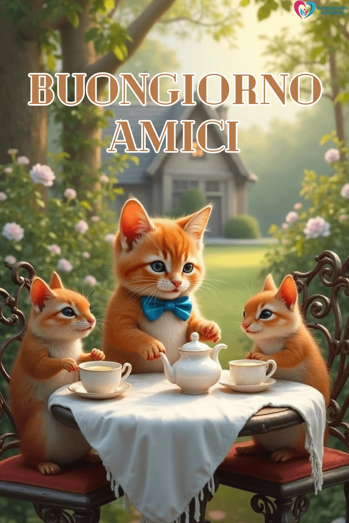 Tre gattini arancioni a un tea party in giardino, buongiorno amici immagini gratis per WhatsApp