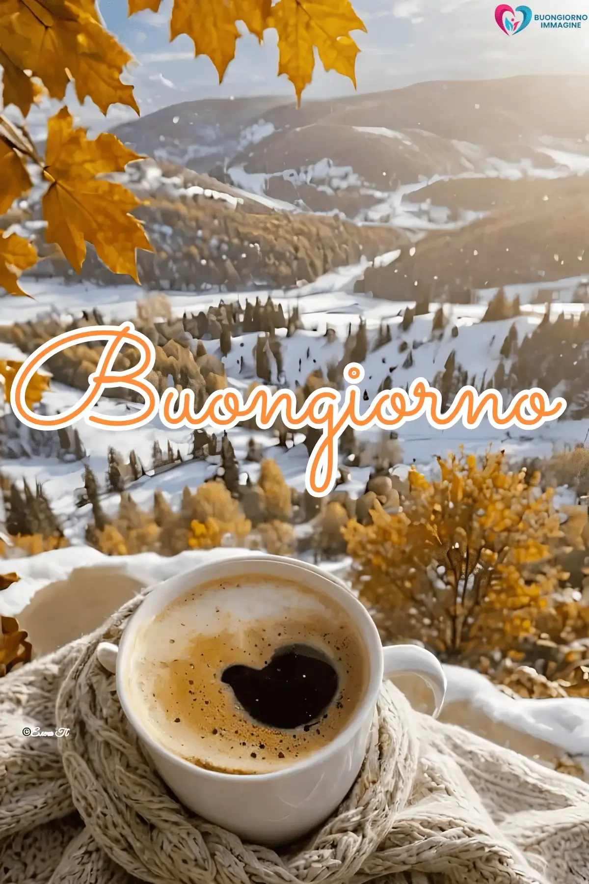 Tazza di caffè su coperta invernale con paesaggio innevato e foglie autunnali, buongiorno invernale immagini gratis per WhatsApp