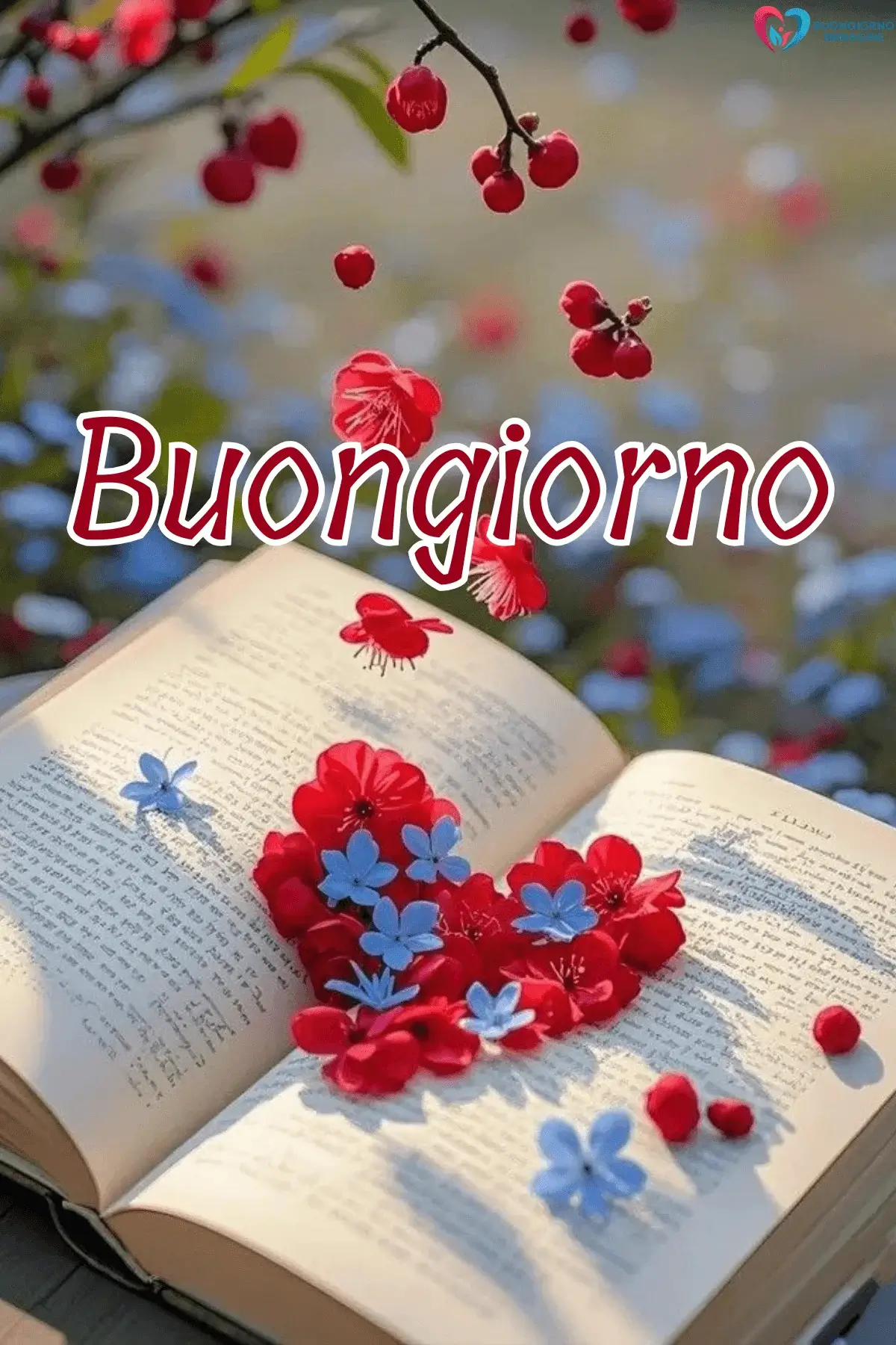 Libro aperto con cuore di fiori rossi e blu, ciliegie rosse cadenti, buongiorno cuore immagini gratis per WhatsApp