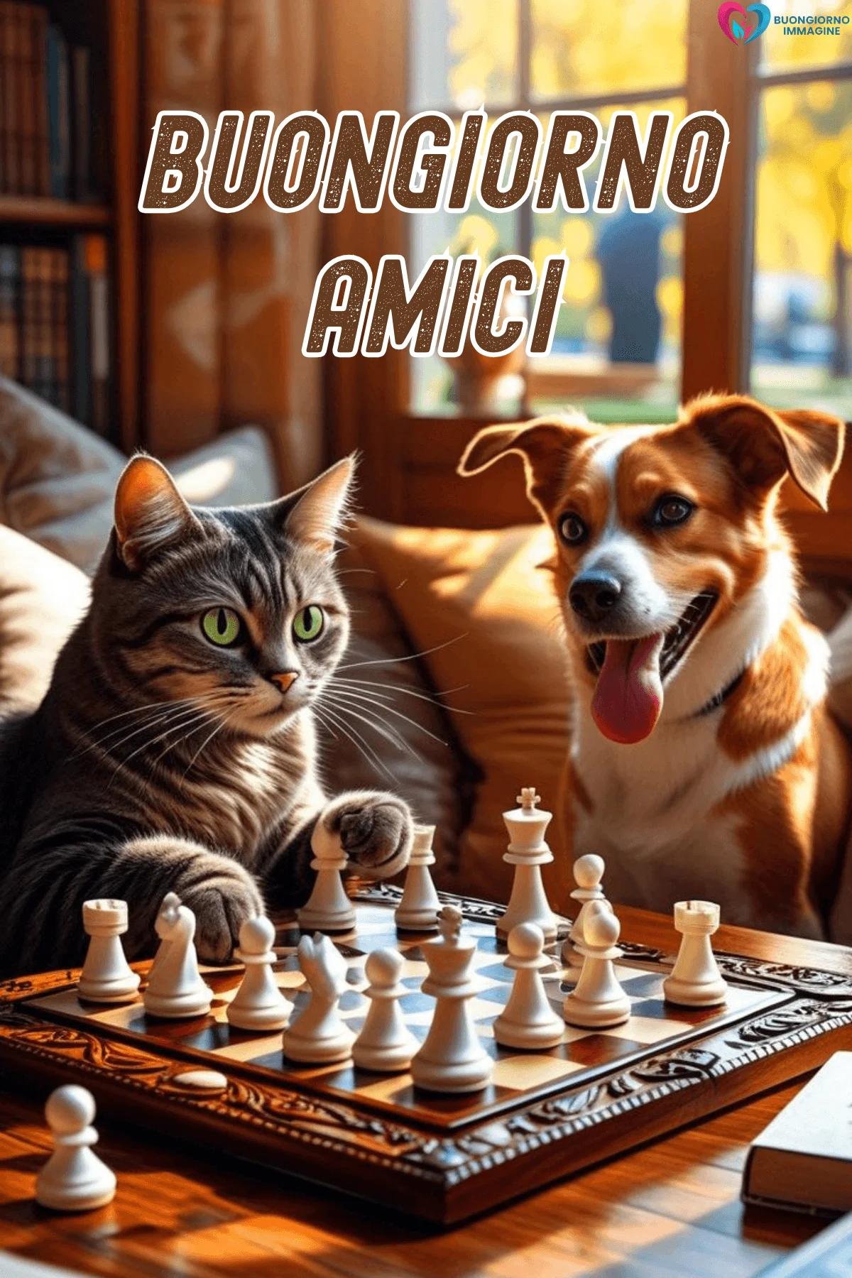 Gatto e cane giocano a scacchi insieme, buongiorno amici immagini gratis per WhatsApp