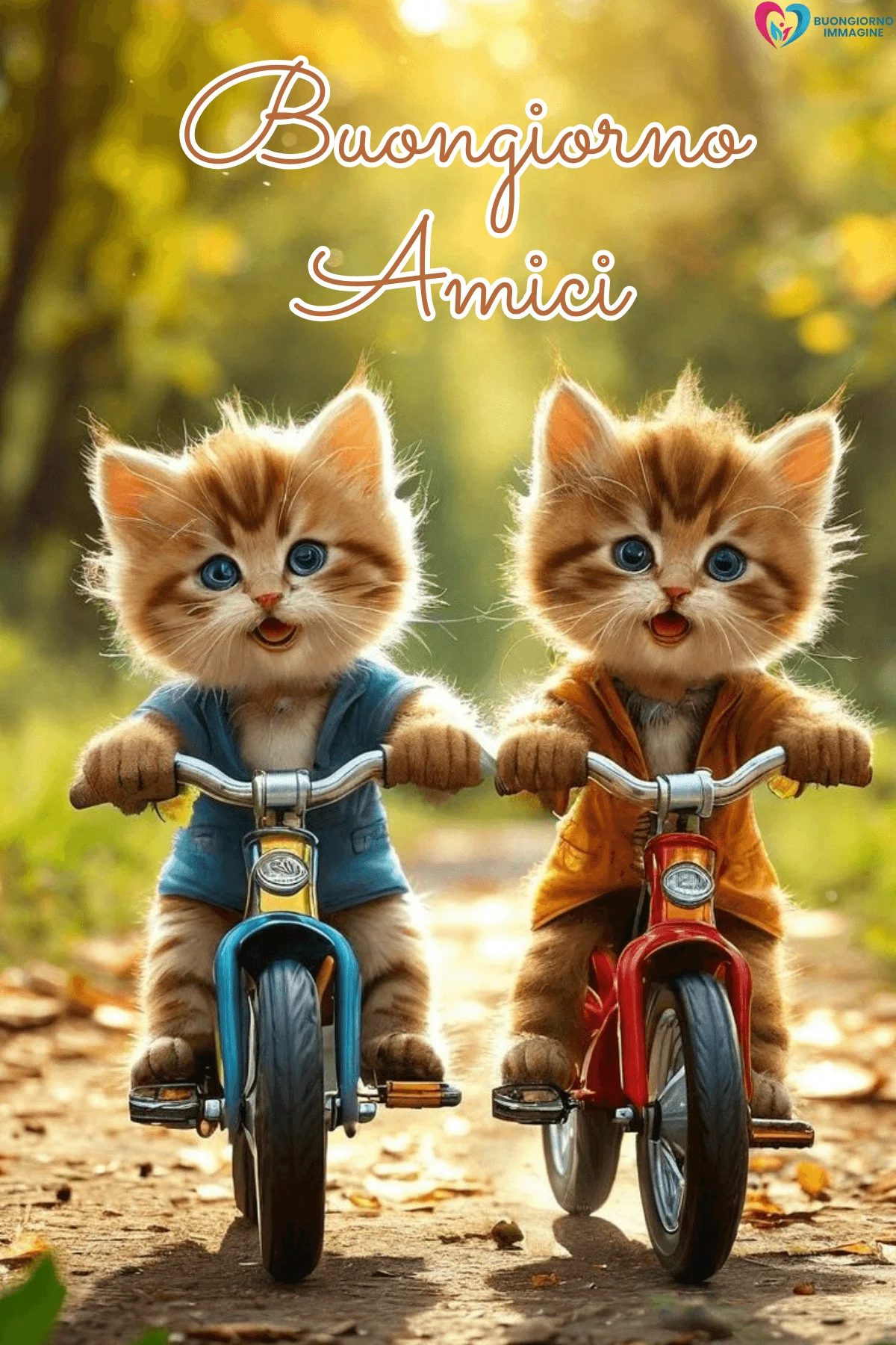 Due gattini arancioni in bici su sentiero autunnale – buongiorno amici immagini gratis per WhatsApp
