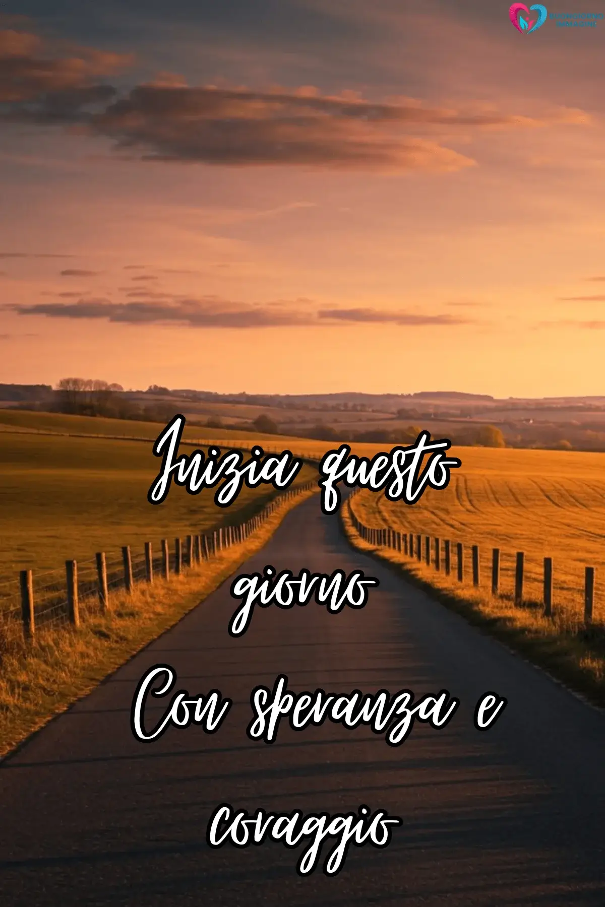 Strada di campagna al tramonto con frase motivazionale, buongiorno frasi positive, immagini gratis per WhatsApp