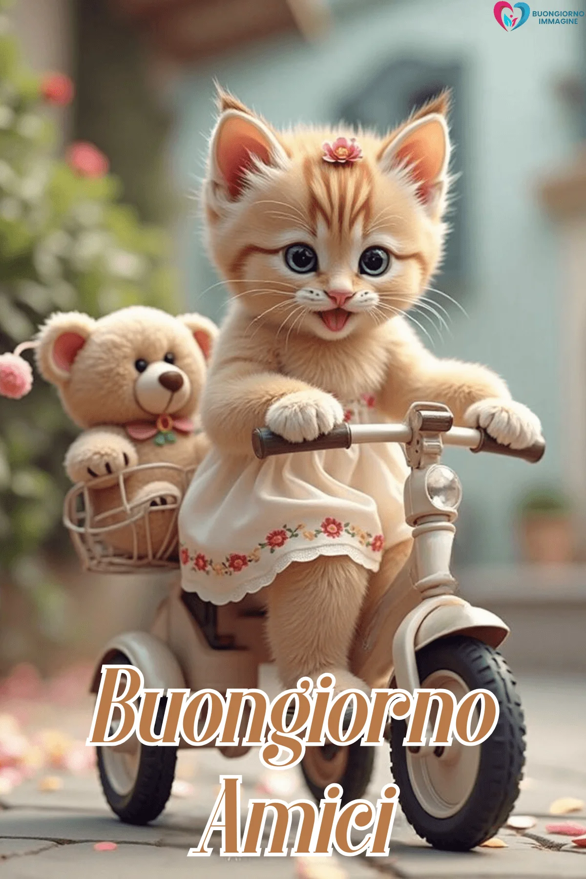 Gattino arancione in bicicletta con orsetto, buongiorno amici immagini gratis per WhatsApp