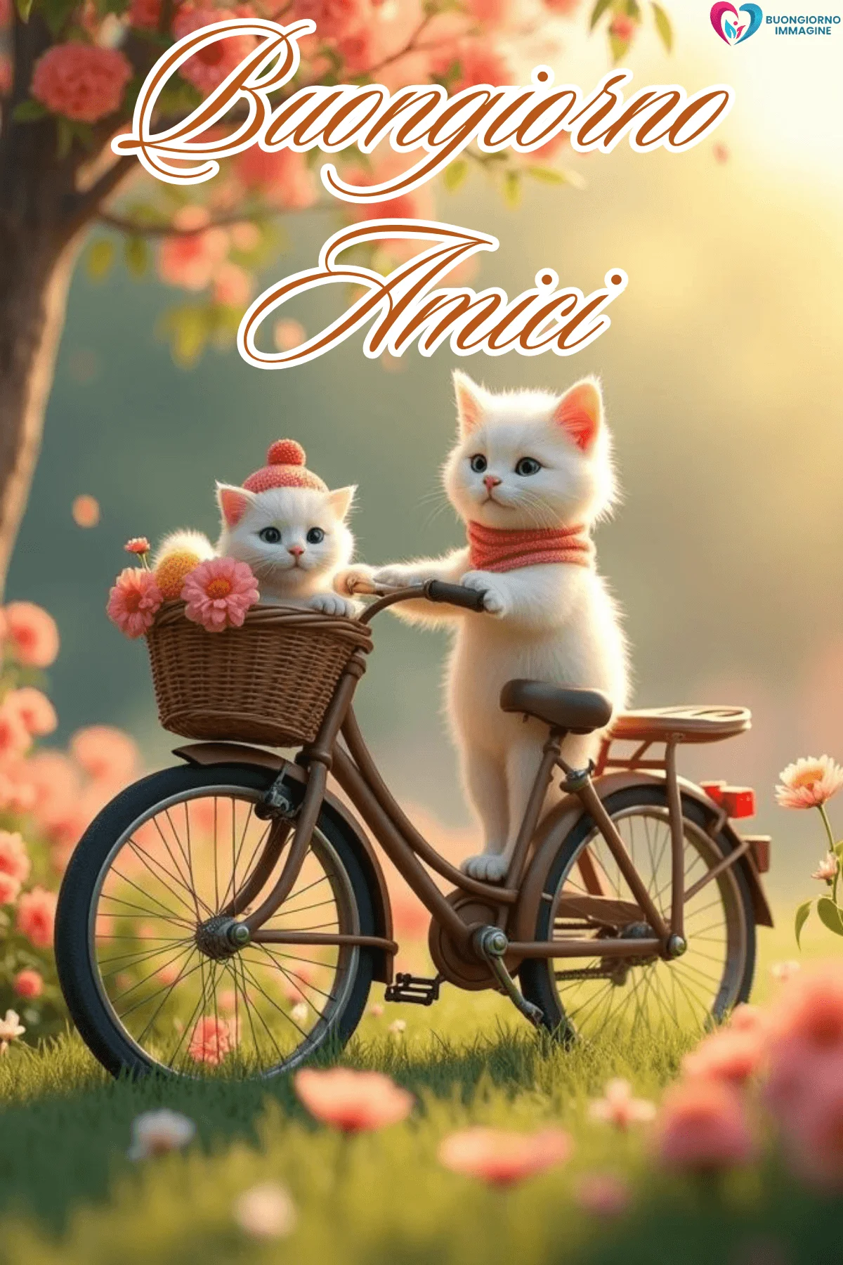 Due gattini bianchi su bicicletta con fiori rosa, buongiorno amici immagini gratis per WhatsApp