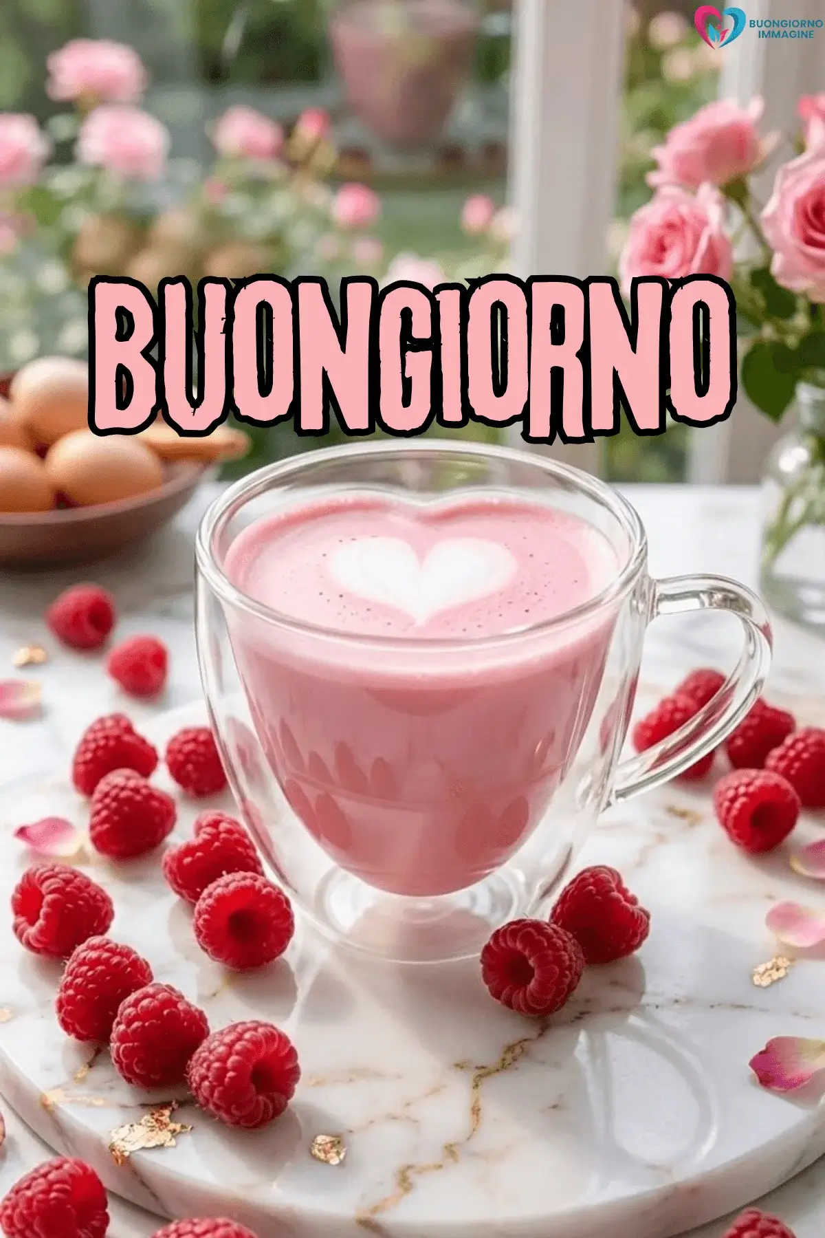 Tazza di vetro con latte rosa e cuore in schiuma, lamponi freschi, rose rosa – buongiorno cuore immagini gratis per WhatsApp