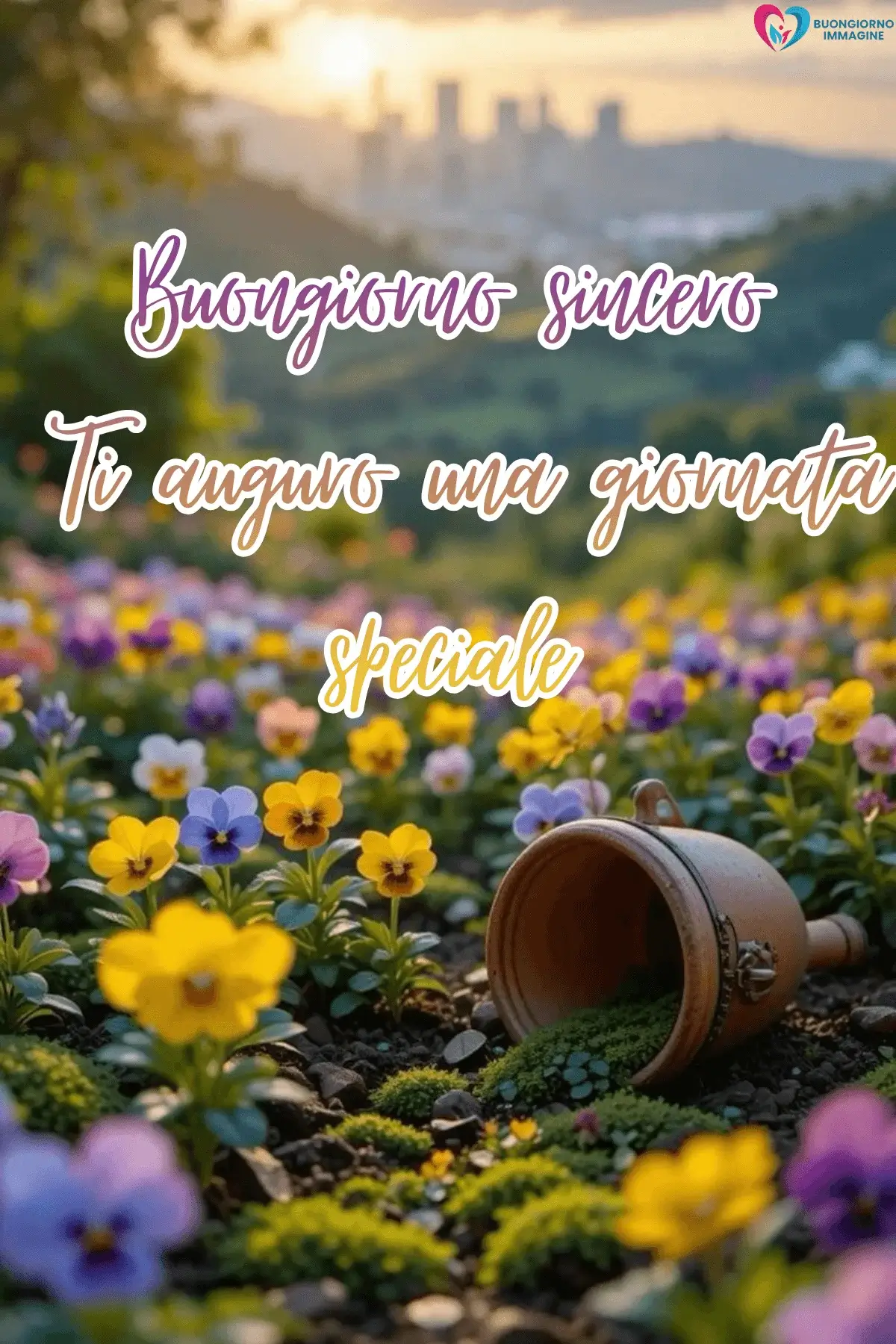 Campo di viole del pensiero colorate con tazza rovesciata, buongiorno frasi positive, immagini gratis per WhatsApp