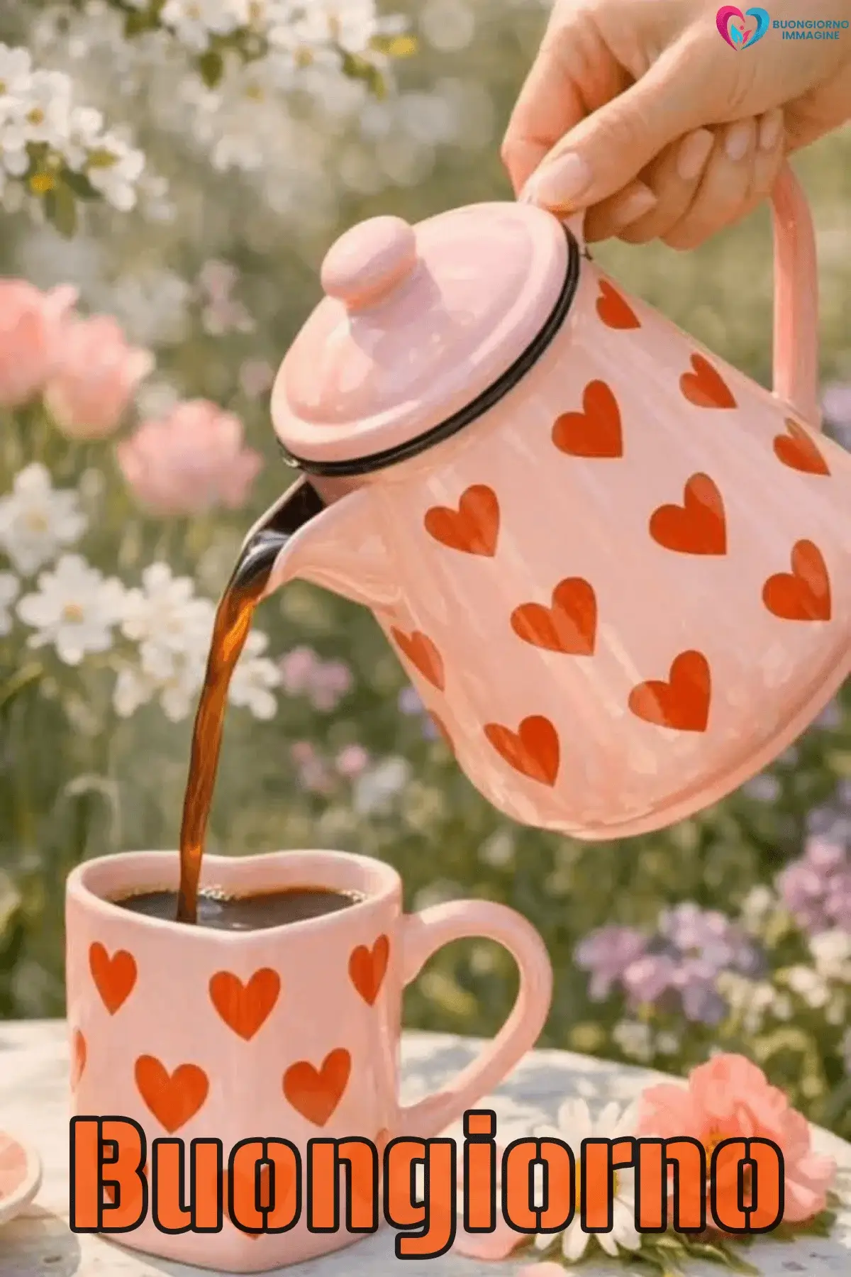Teiera e tazza rosa a cuori rossi con caffè versato tra fiori – buongiorno cuore immagini gratis per WhatsApp