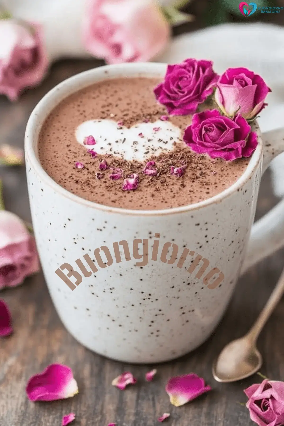 Tazza bianca con cioccolato caldo, cuore di latte e rose rosa, buongiorno con il cuore immagini gratis per WhatsApp