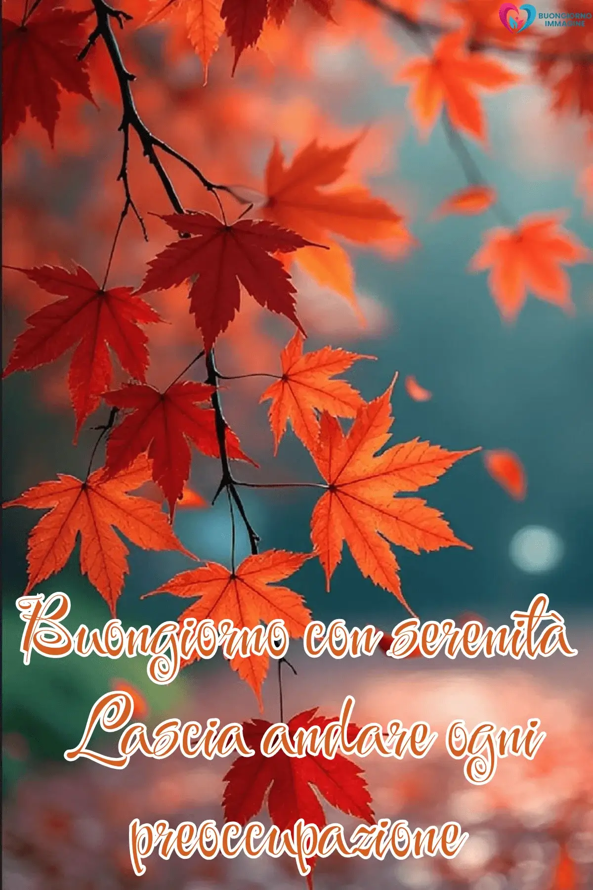 Foglie d'acero rosse autunnali su sfondo turchese, buongiorno frasi positive, immagini gratis per WhatsApp