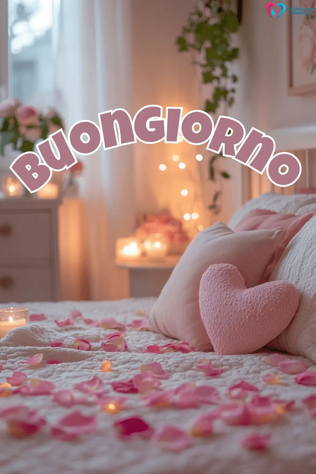 Camera da letto romantica con cuore rosa, petali rossi e luci calde accese, buongiorno cuore