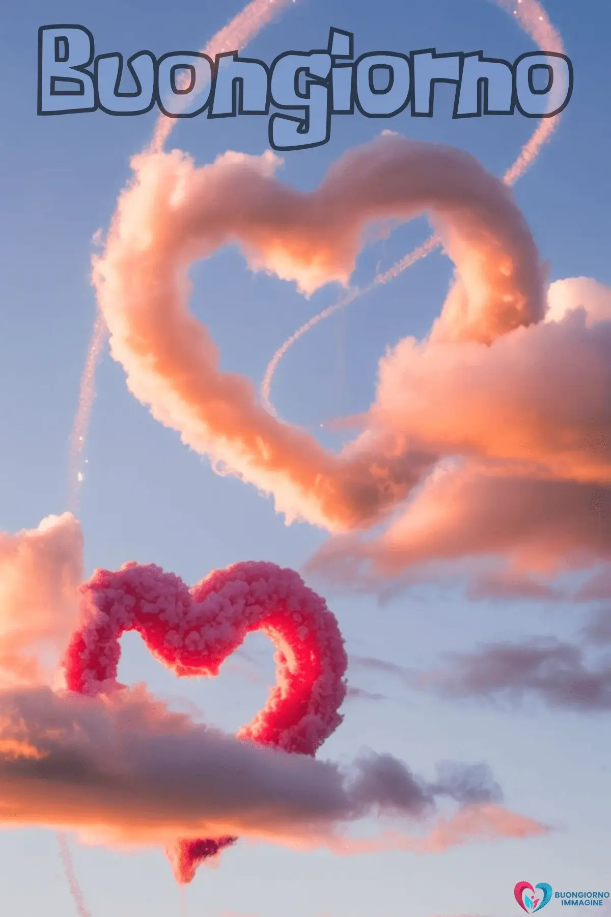 Cuori rosa nel cielo al tramonto tra nuvole soffuse, buongiorno cuore immagini gratis per WhatsApp