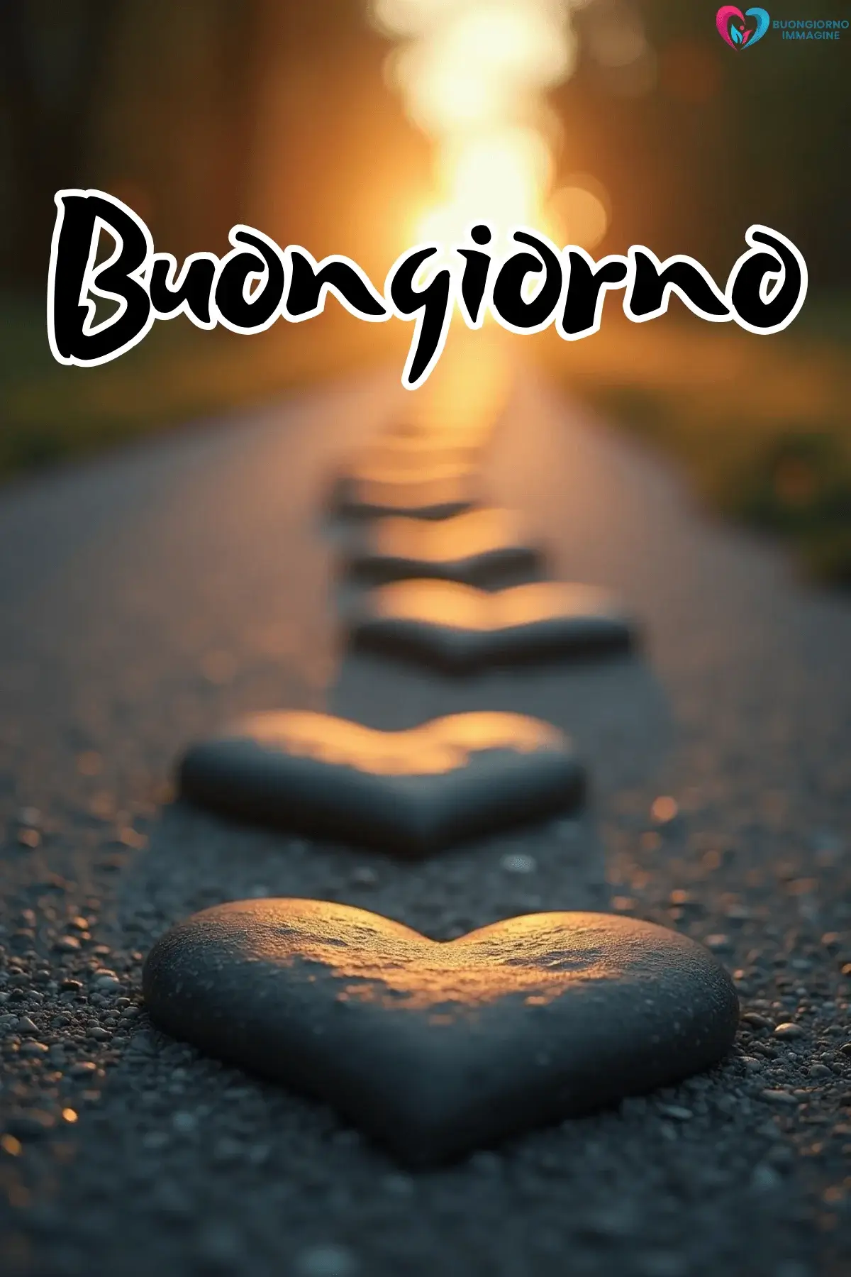 Pietre a forma di cuore illuminate dal sole su un sentiero, buongiorno cuore, immagini gratis per WhatsApp
