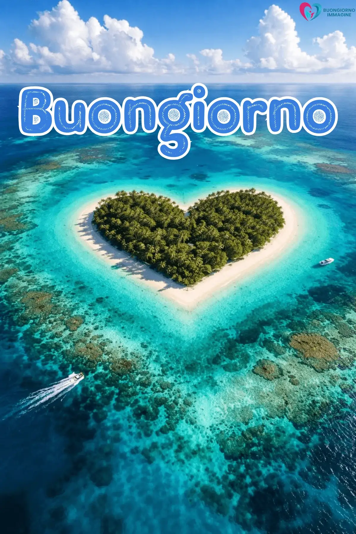 Isola a forma di cuore vista dall'alto con mare turchese, buongiorno cuore immagini gratis per WhatsApp