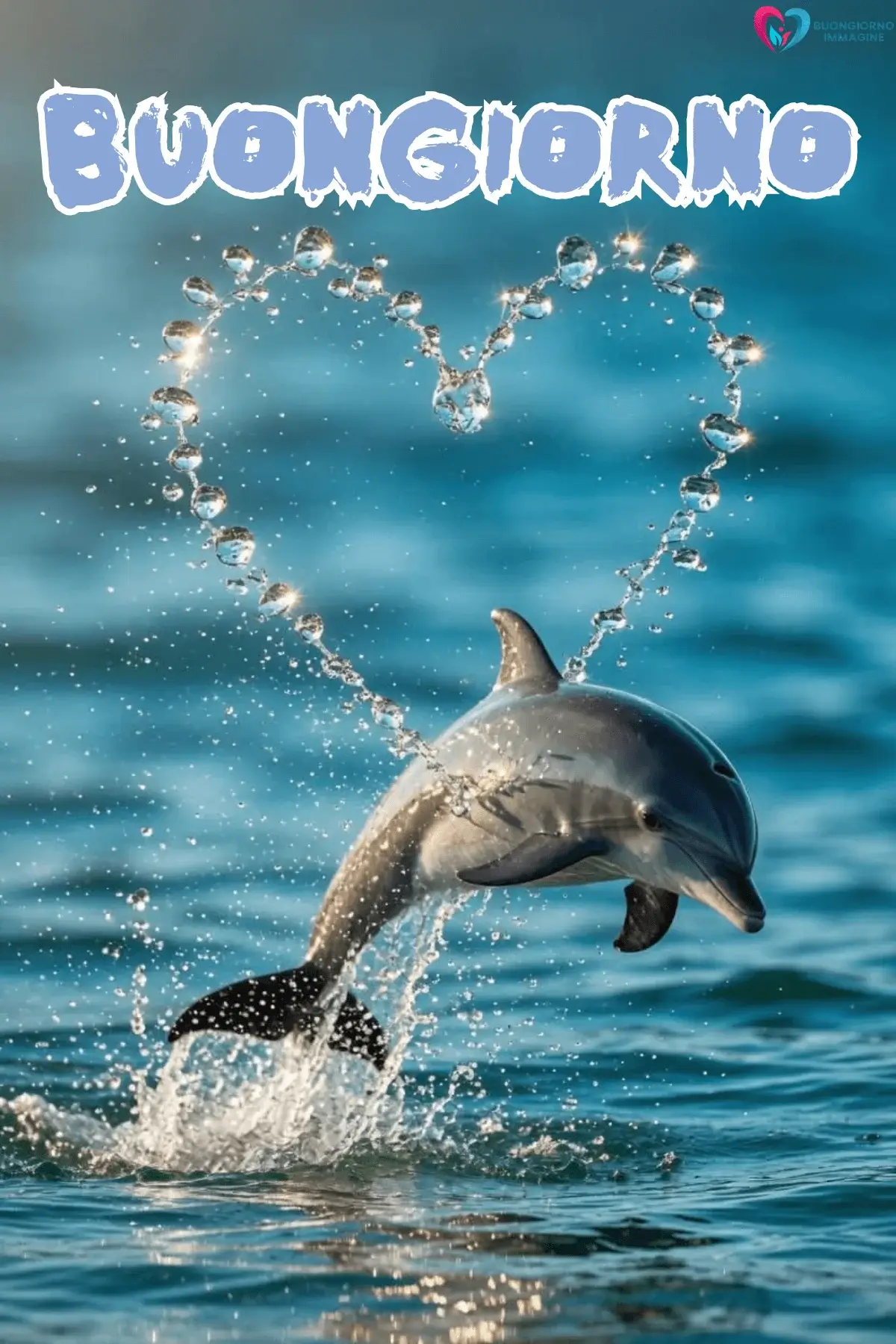 Delfino salta dall'oceano con cuore d'acqua, buongiorno cuore immagini gratis per WhatsApp