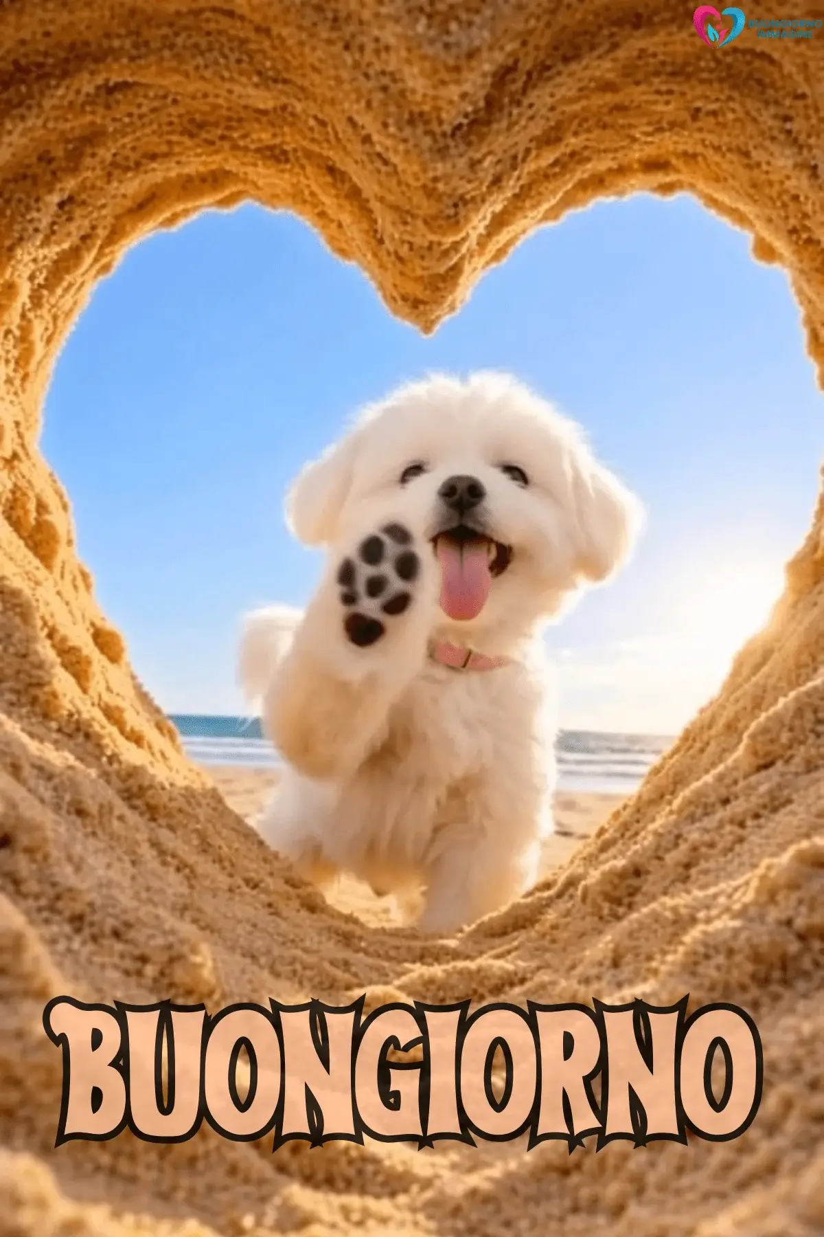 Cucciolo bianco sulla spiaggia con cuore di sabbia e zampa alzata, buongiorno cuore immagini gratis per WhatsApp