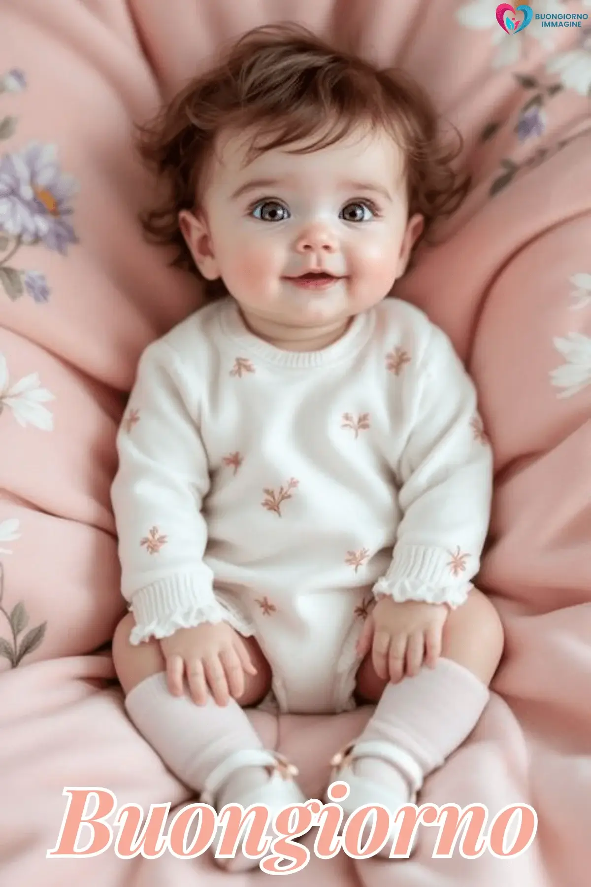 Neonata sorridente su coperta rosa, buongiorno bambini, immagini gratis per WhatsApp